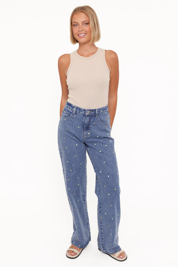 BOTTOMS Kendall Straight Leg Jeans - Embroidery Medium Wash