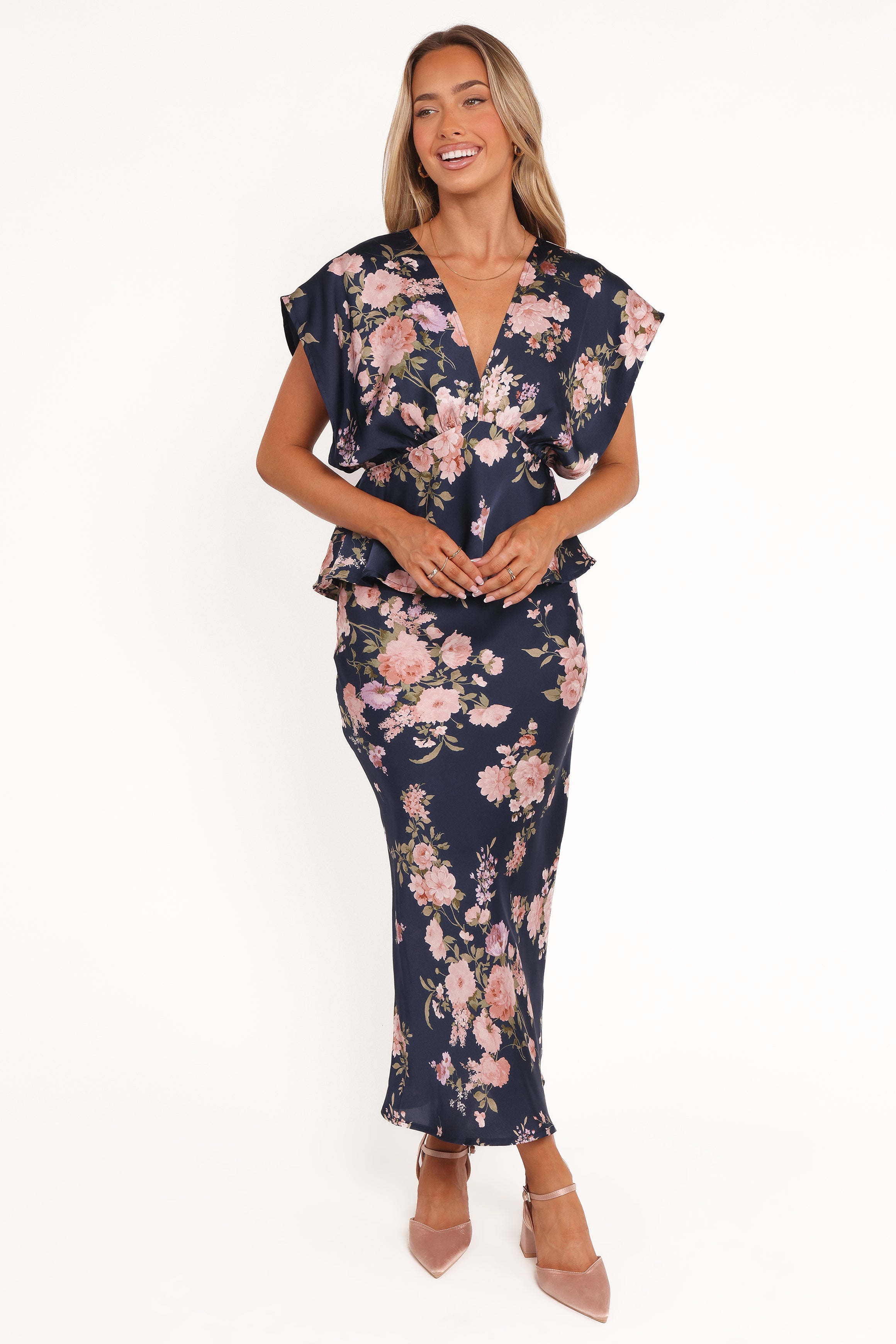 BOTTOMS Kenna Satin Midi Skirt - Navy Floral