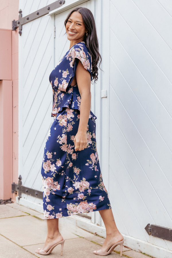 BOTTOMS Kenna Satin Midi Skirt - Navy Floral