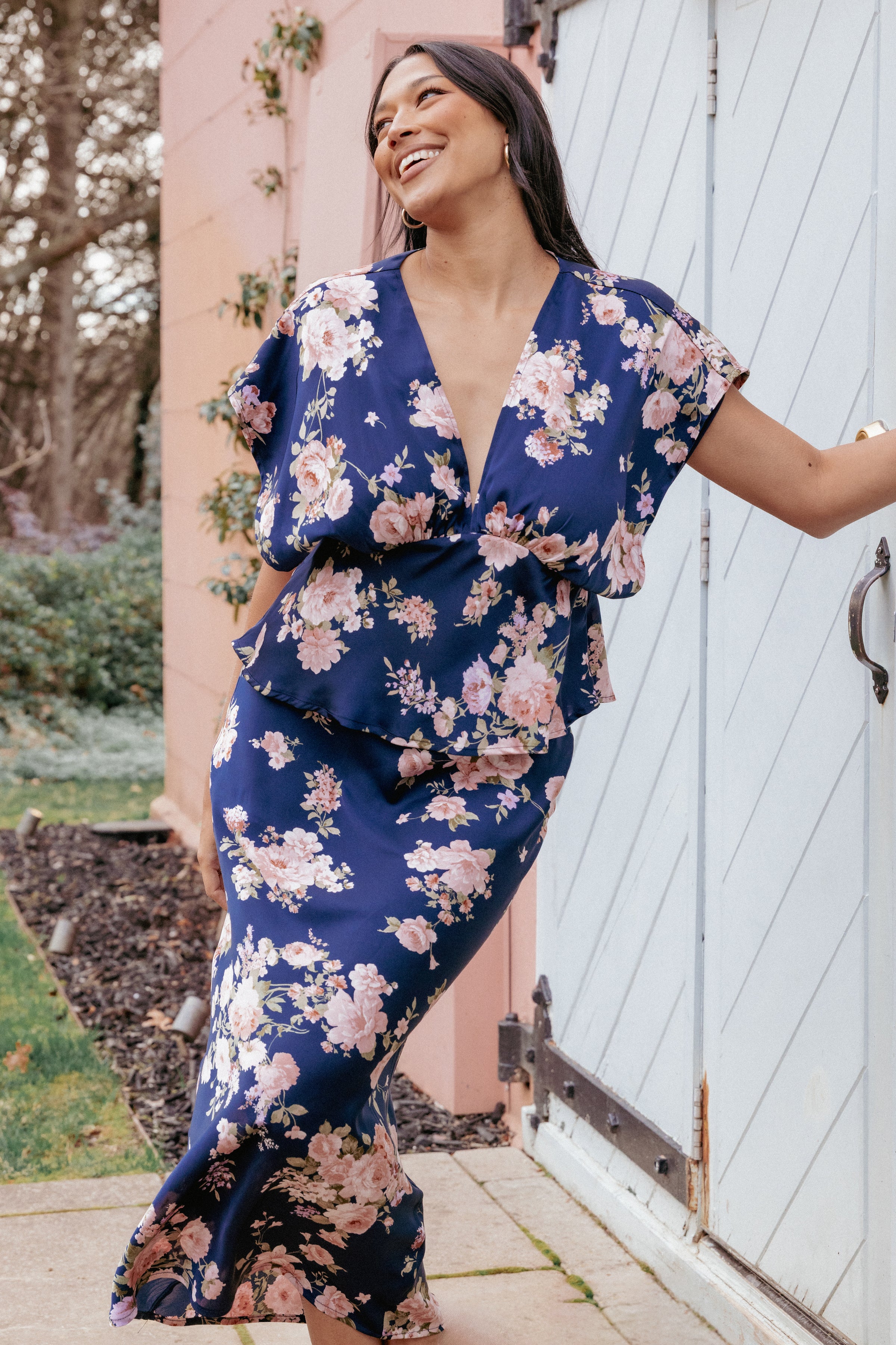 BOTTOMS Kenna Satin Midi Skirt - Navy Floral