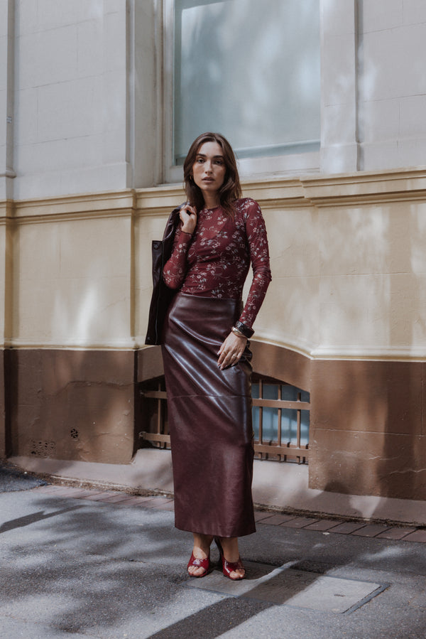 BOTTOMS Koda Faux Leather Column Skirt - Burgundy