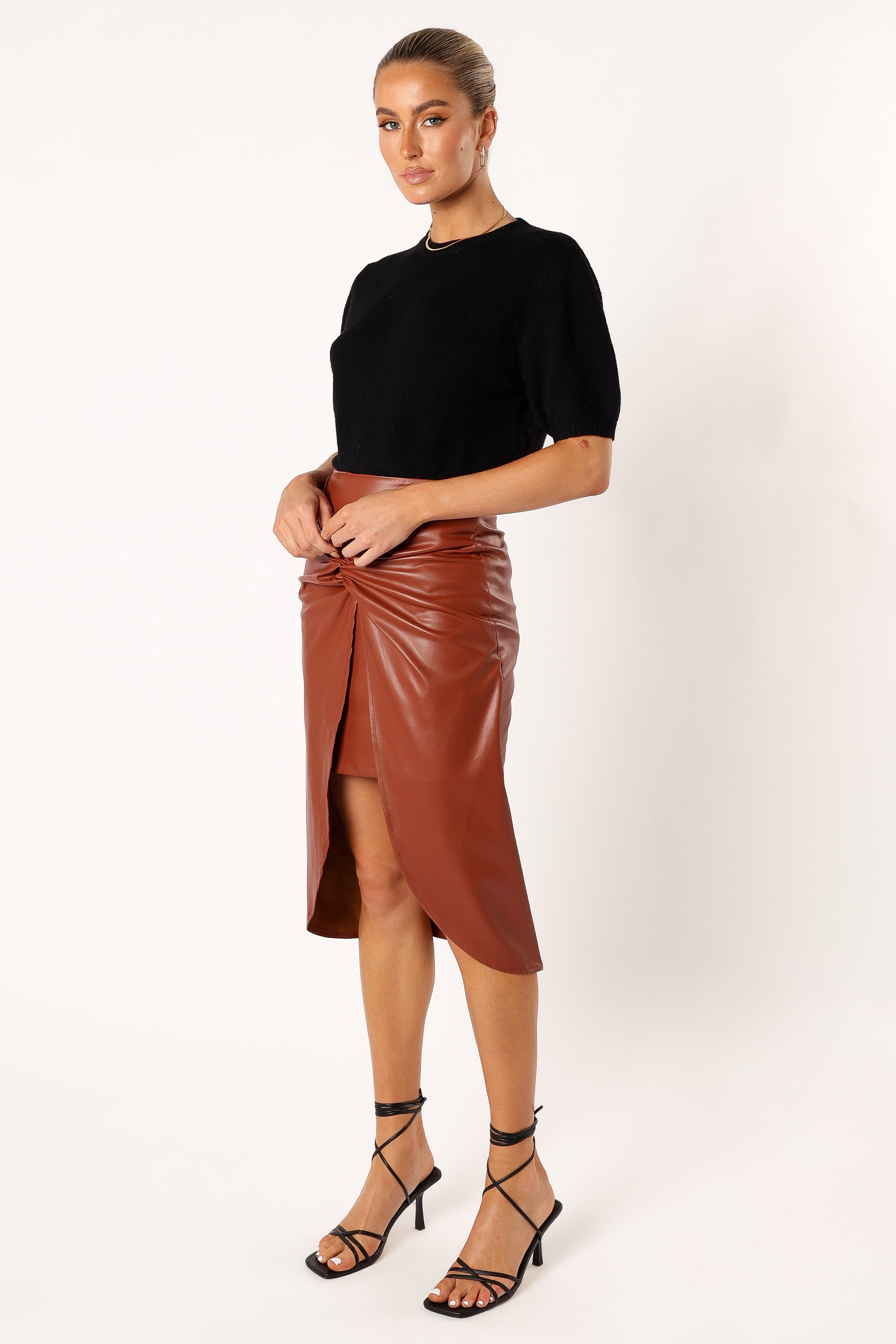 BOTTOMS @Kristy Vegan Leather Skirt - Brown
