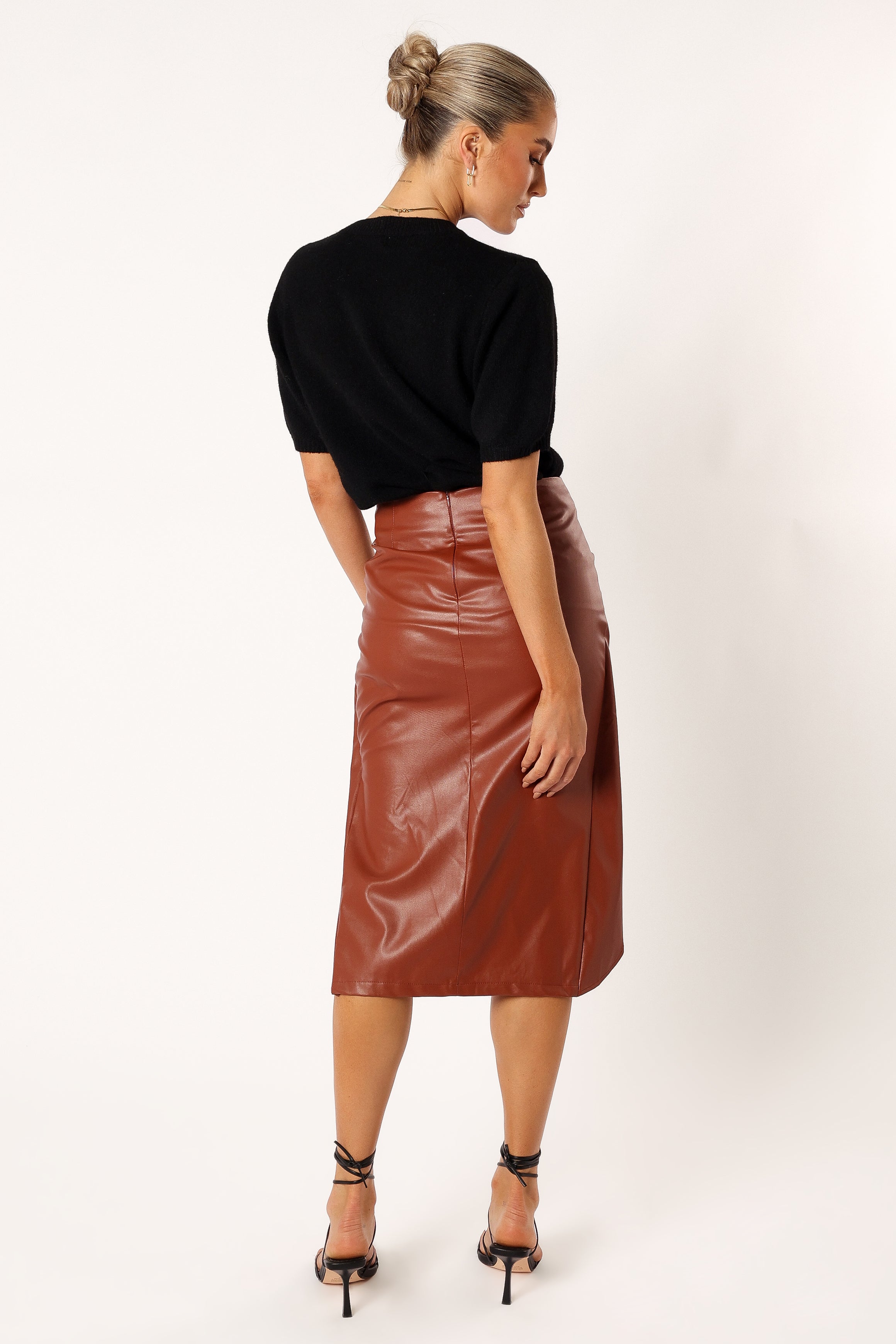 BOTTOMS @Kristy Vegan Leather Skirt - Brown