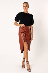 BOTTOMS @Kristy Vegan Leather Skirt - Brown