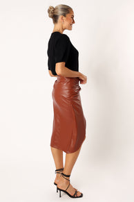 BOTTOMS @Kristy Vegan Leather Skirt - Brown