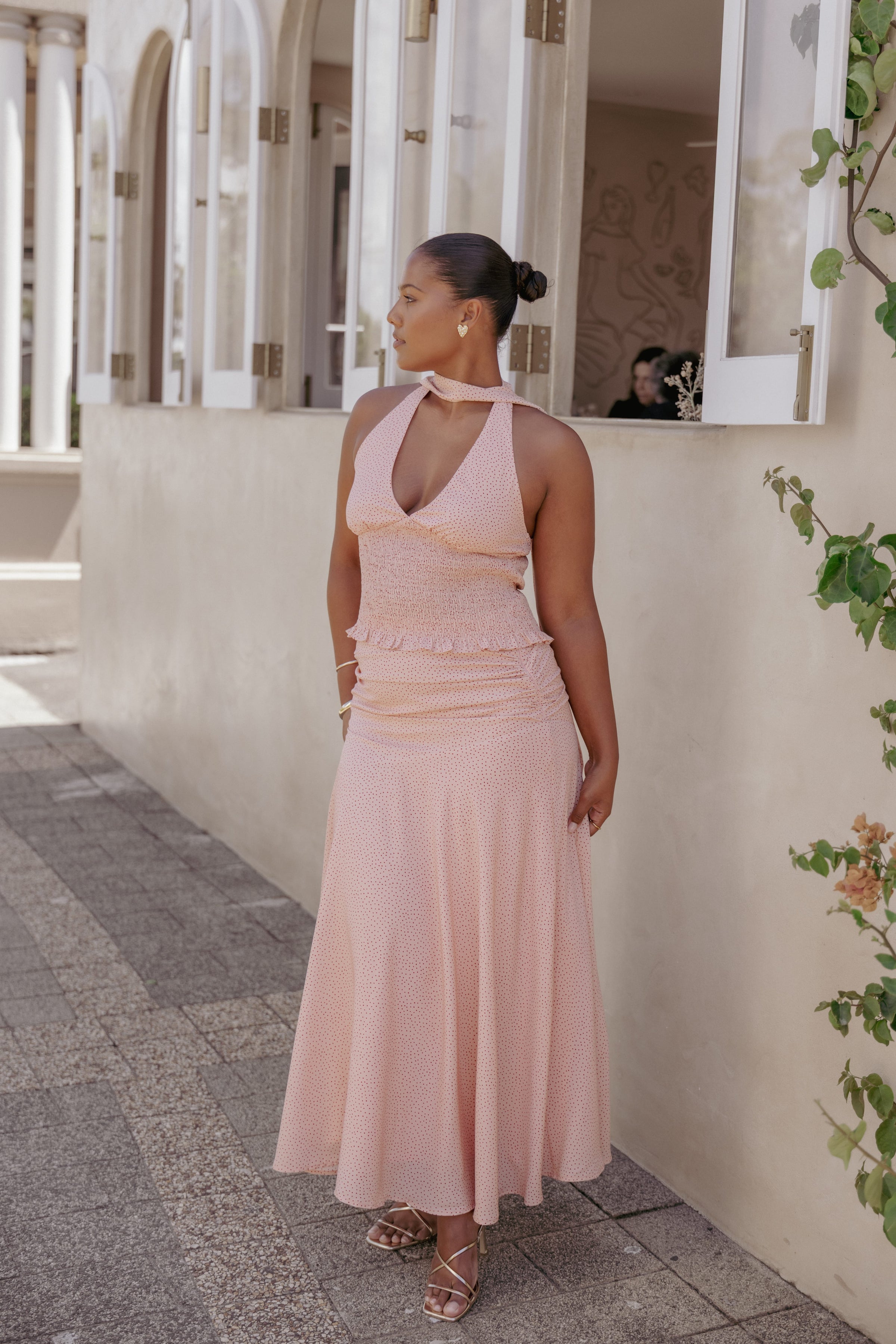 BOTTOMS Lacy Maxi Skirt - Peach Polka Dot