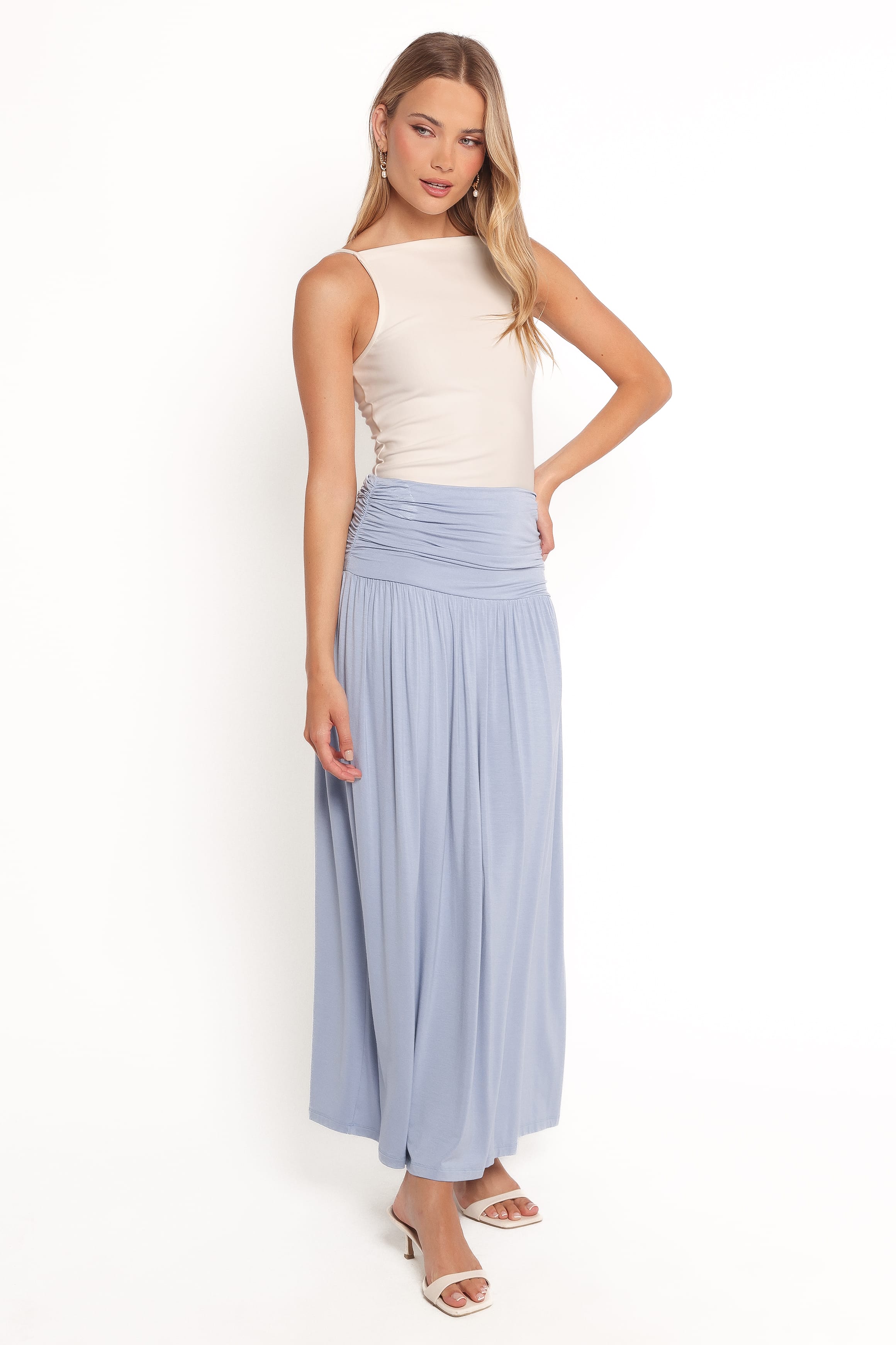 BOTTOMS Lavia Ruched Knit Maxi Skirt - Soft Blue