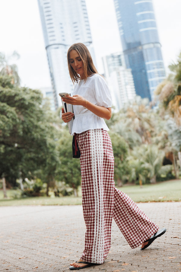 BOTTOMS Lawson Track Pants - Burgundy Gingham