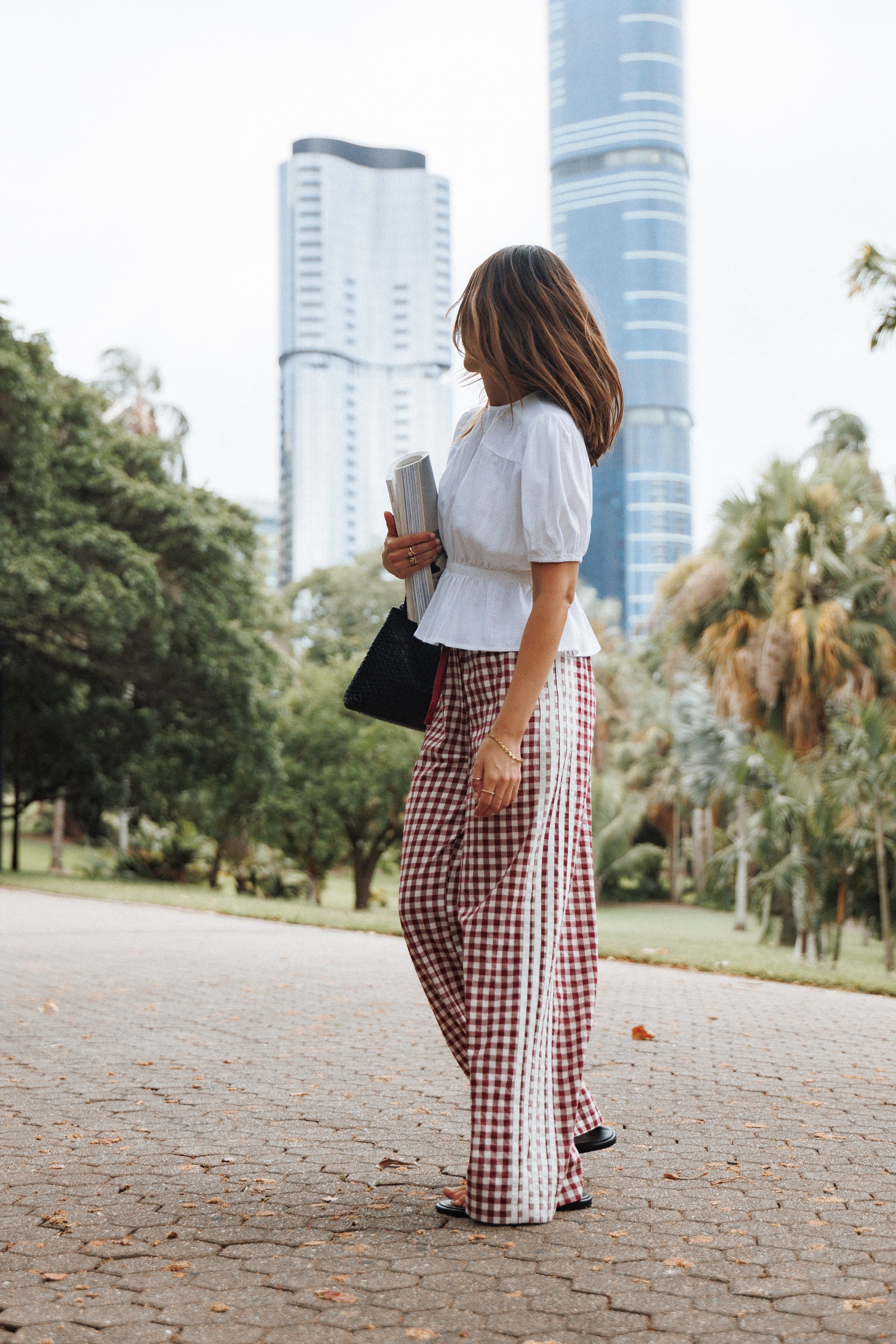 BOTTOMS Lawson Track Pants - Burgundy Gingham