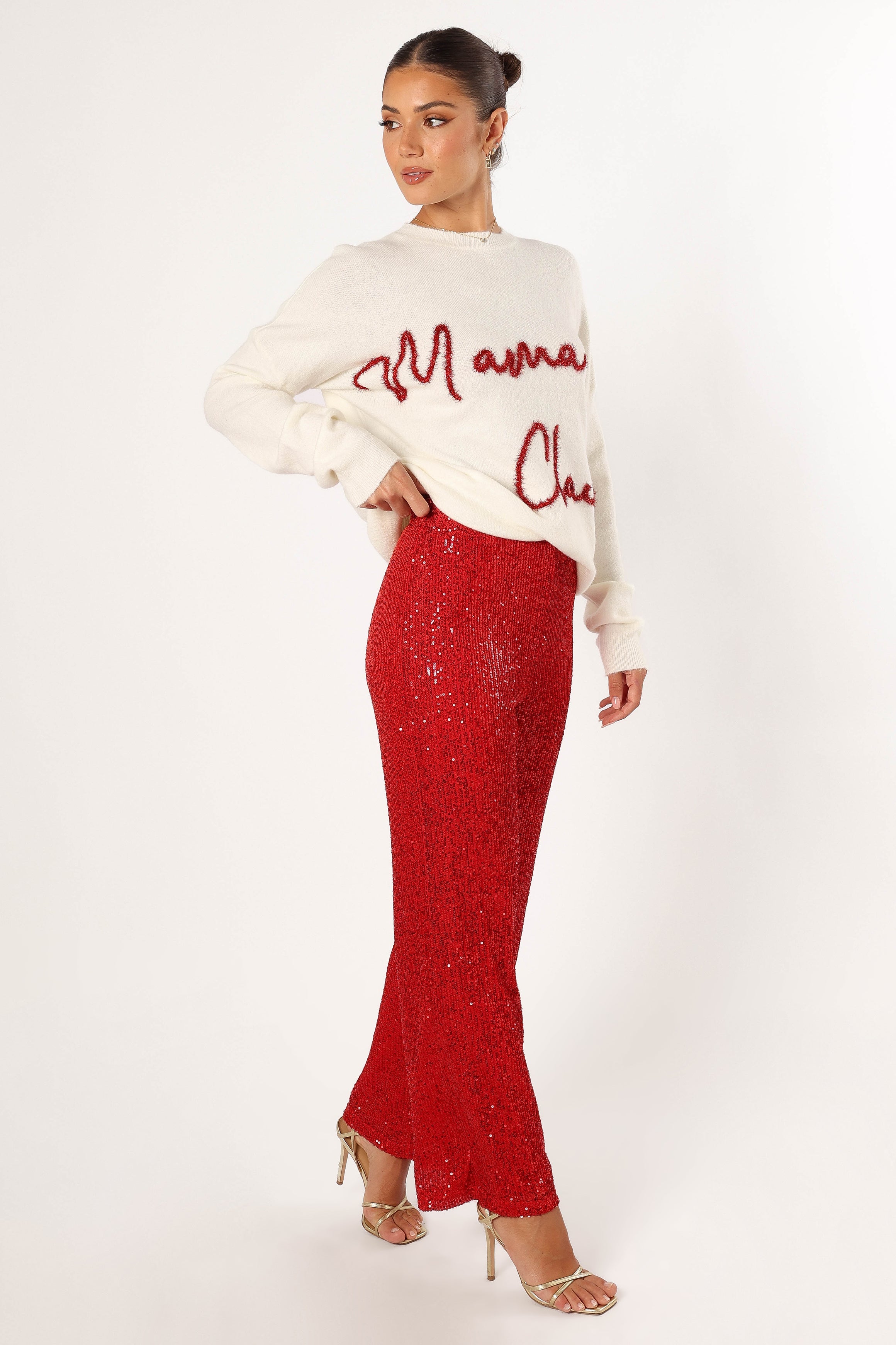 BOTTOMS @Lilianna Sequin Flare Pant - Red