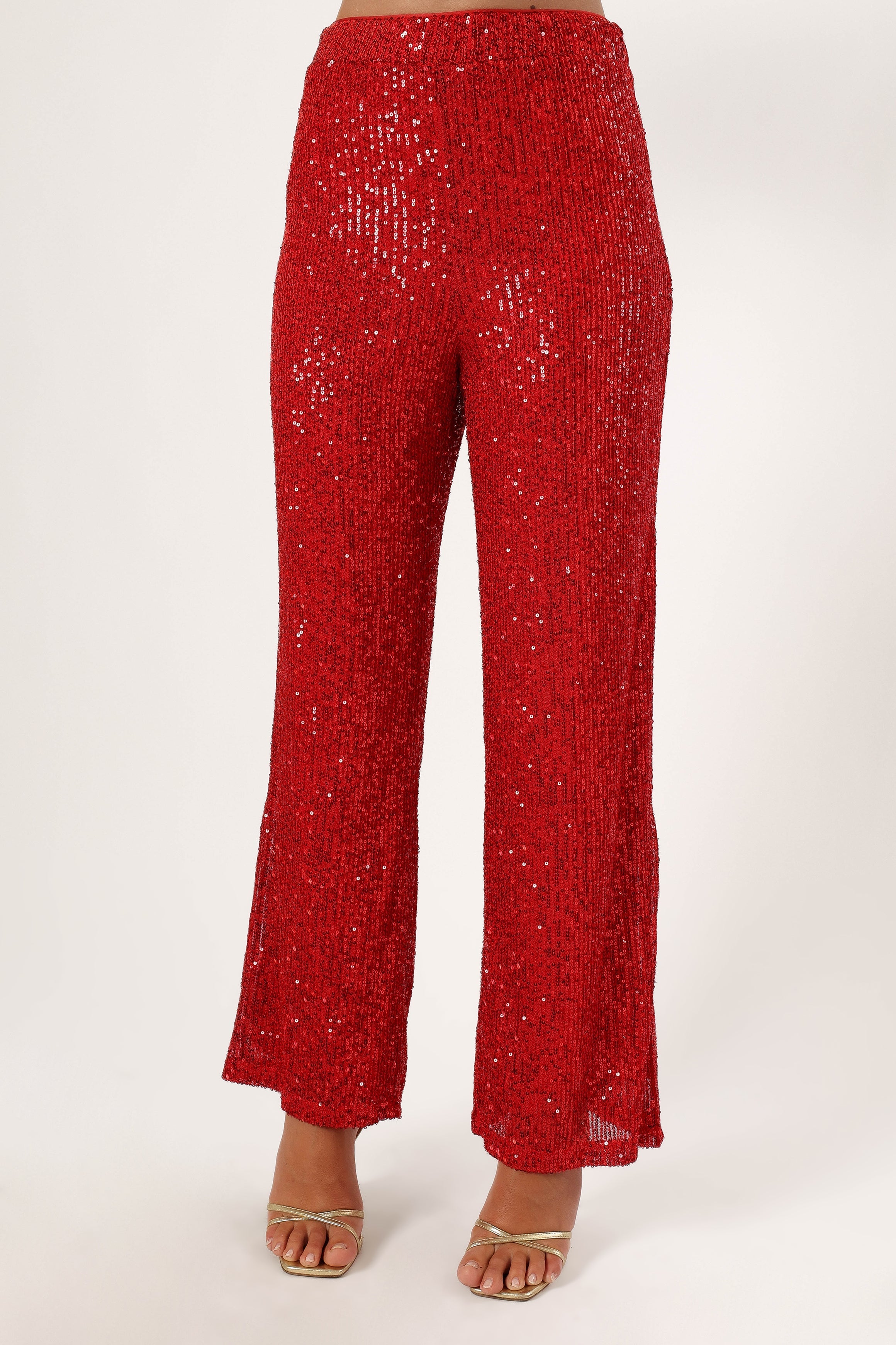 BOTTOMS @Lilianna Sequin Flare Pant - Red