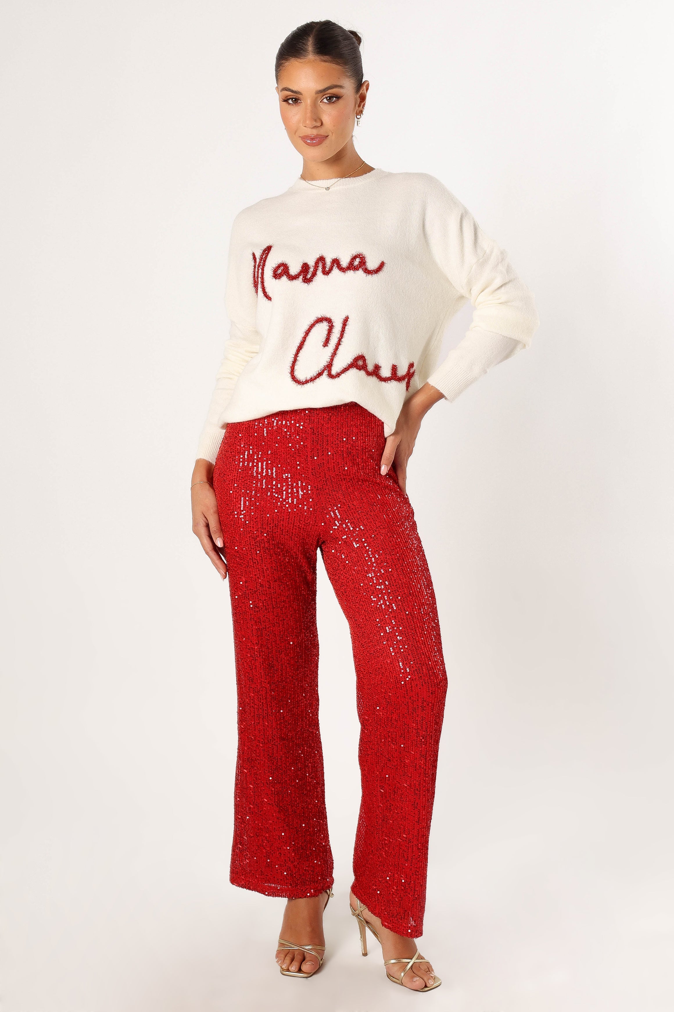 BOTTOMS @Lilianna Sequin Flare Pant - Red