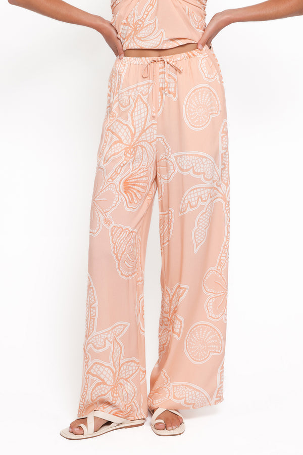 BOTTOMS Lira Tie Waist Pant - Peach Floral