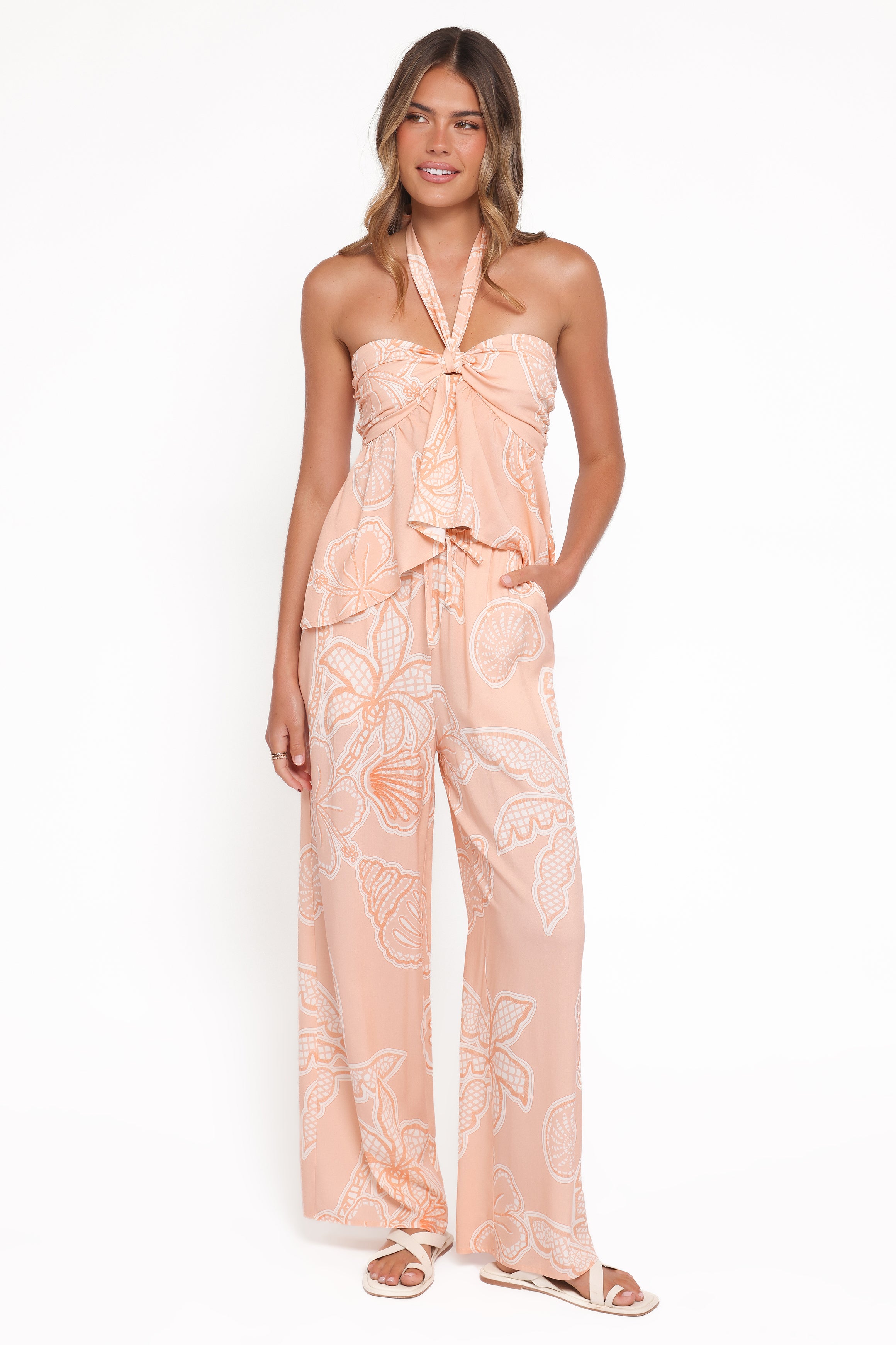 BOTTOMS Lira Tie Waist Pant - Peach Floral