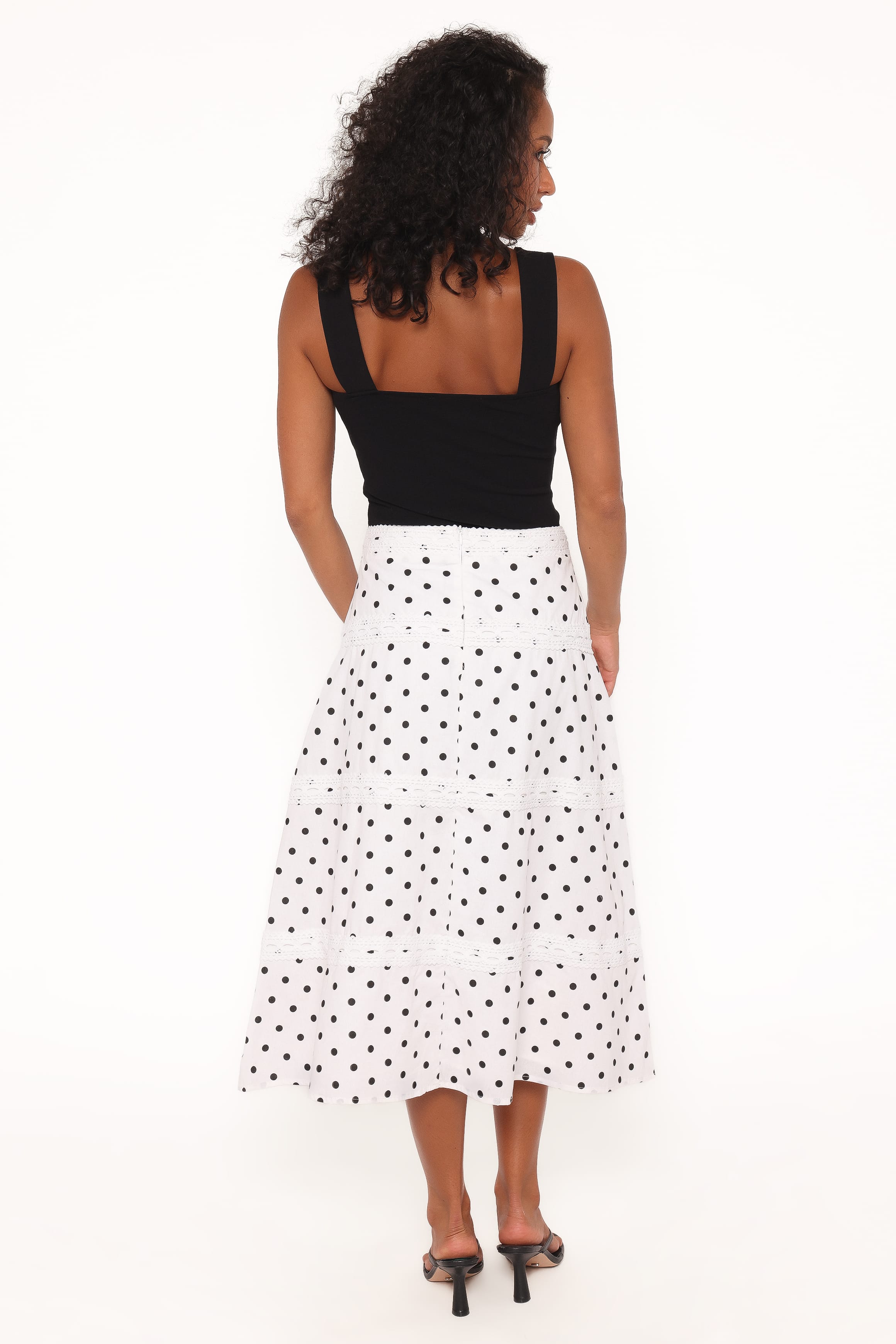 BOTTOMS Lucia Tiered Midi Skirt - White Polka Dot
