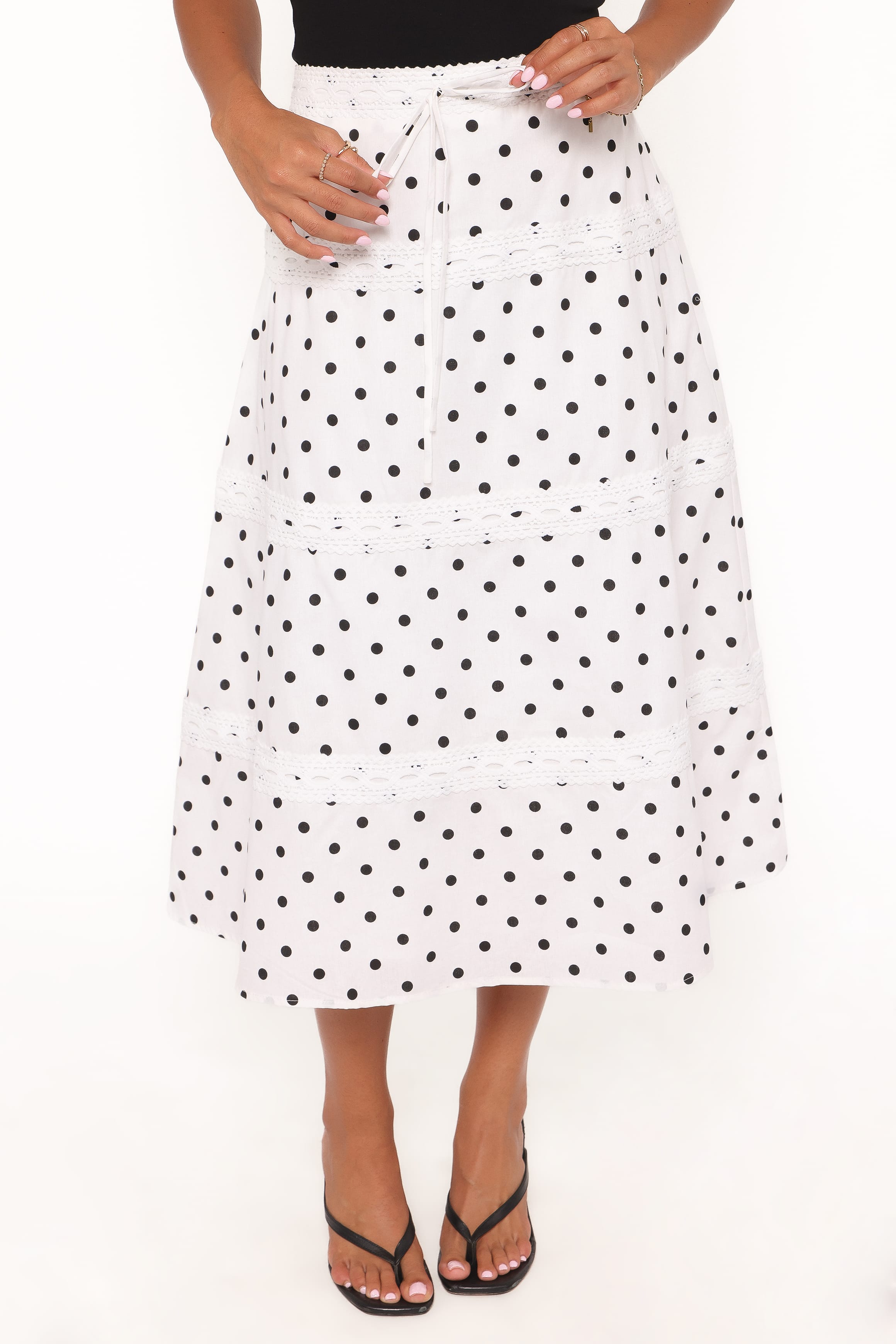 BOTTOMS Lucia Tiered Midi Skirt - White Polka Dot