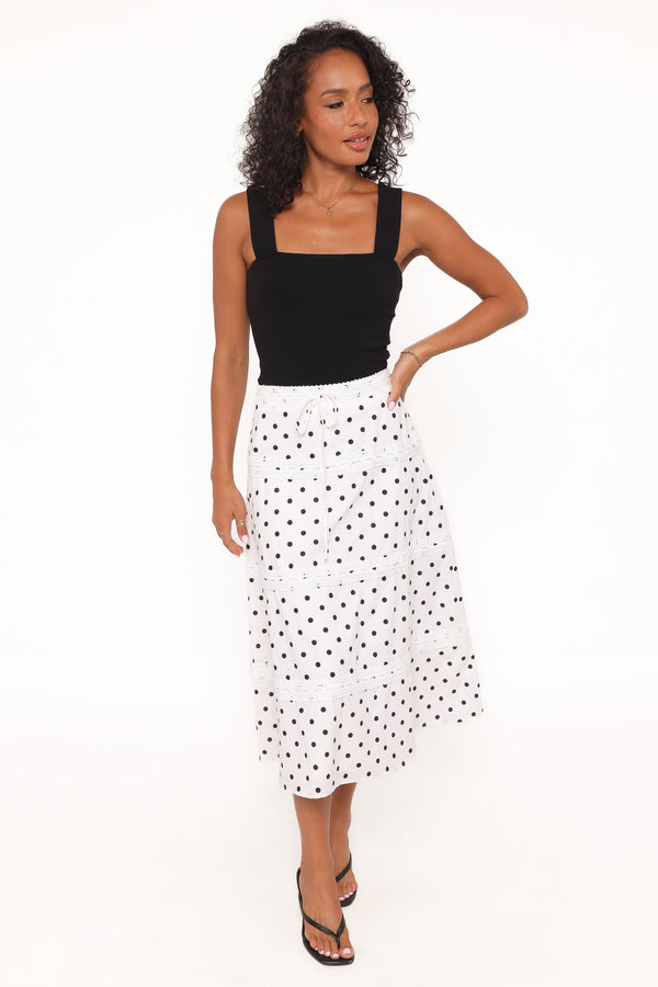 BOTTOMS Lucia Tiered Midi Skirt - White Polka Dot