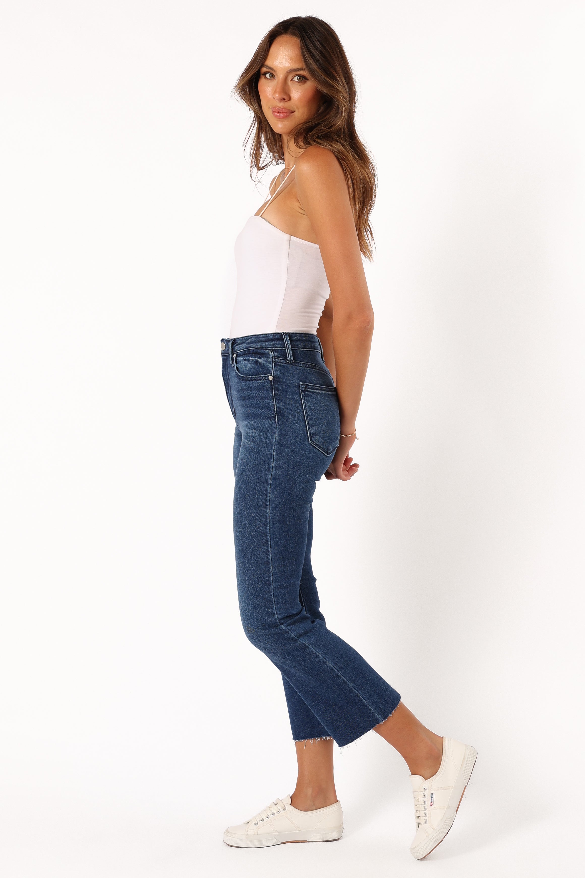 BOTTOMS @Luna High Rise Tonal Crop Flare Jean - Dark Denim