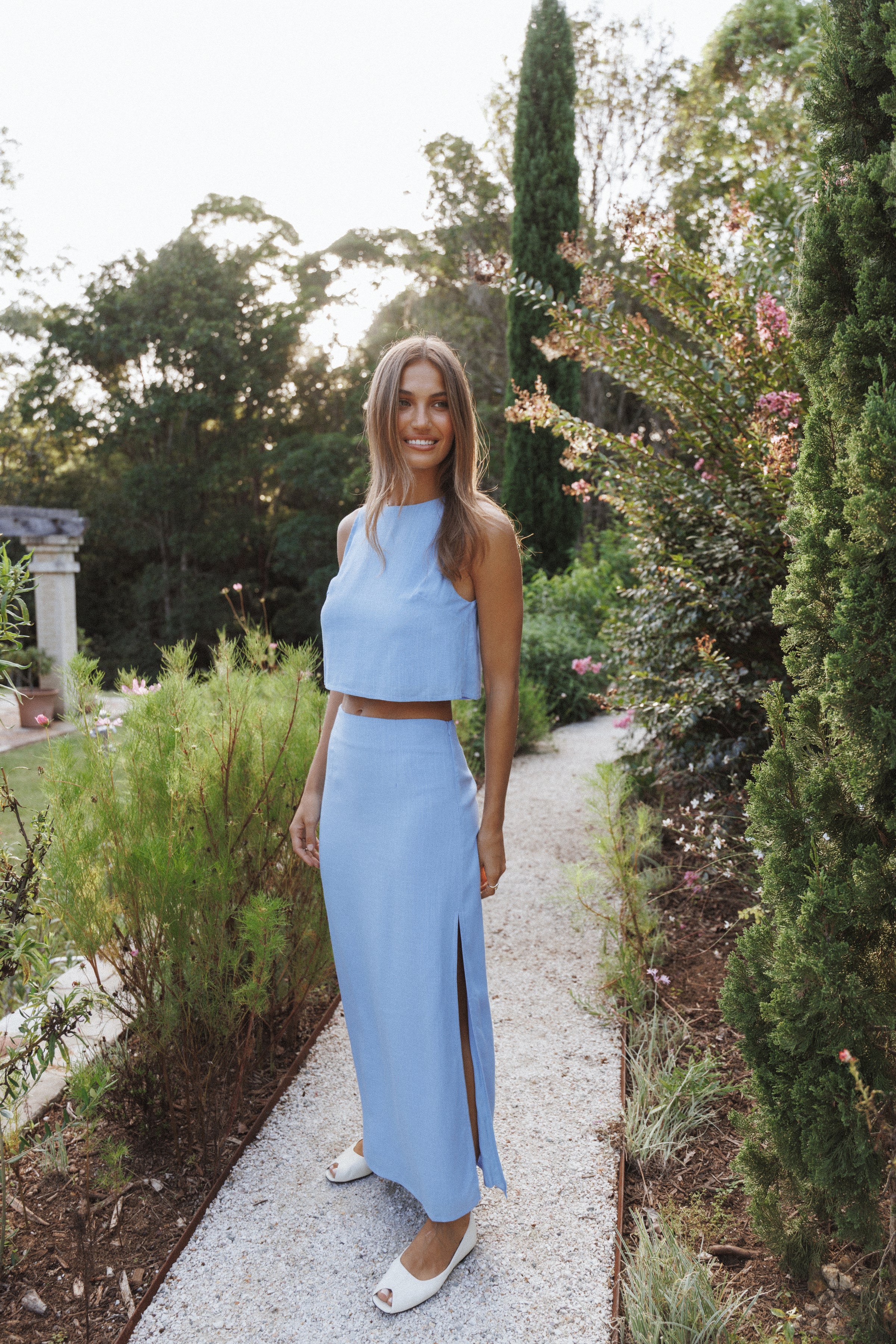 BOTTOMS Madison Linen Column Skirt - Blue