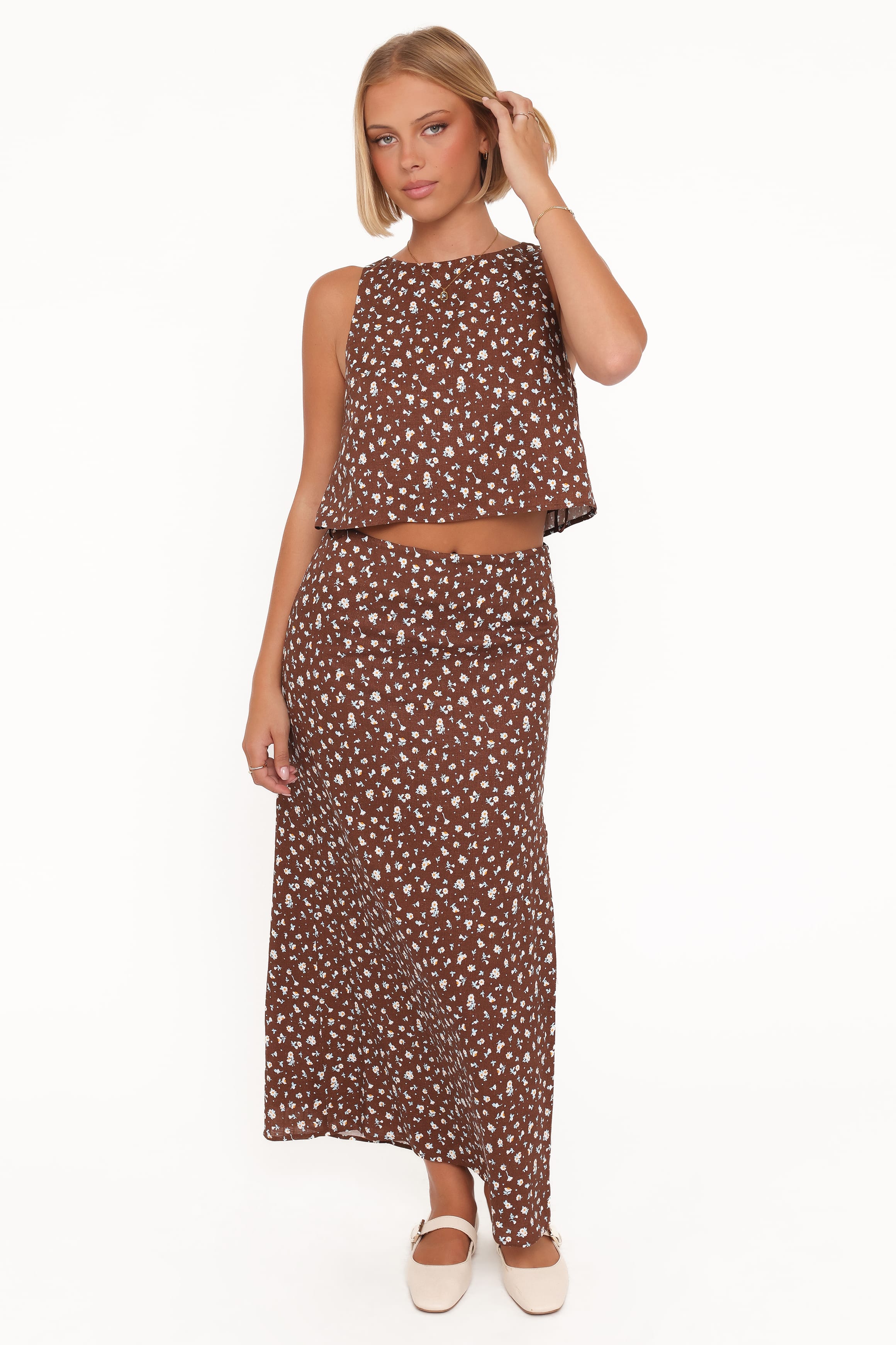 BOTTOMS Madison Linen Column Skirt - Brown Floral