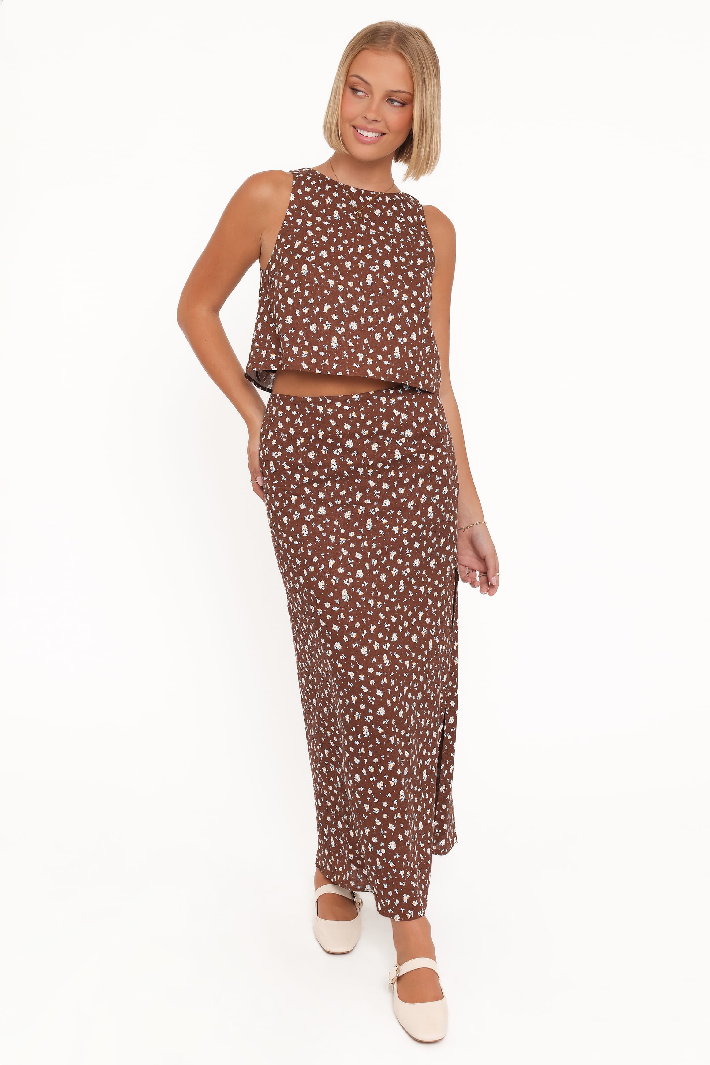 BOTTOMS Madison Linen Column Skirt - Brown Floral