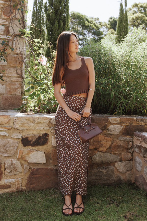 BOTTOMS Madison Linen Column Skirt - Brown Floral