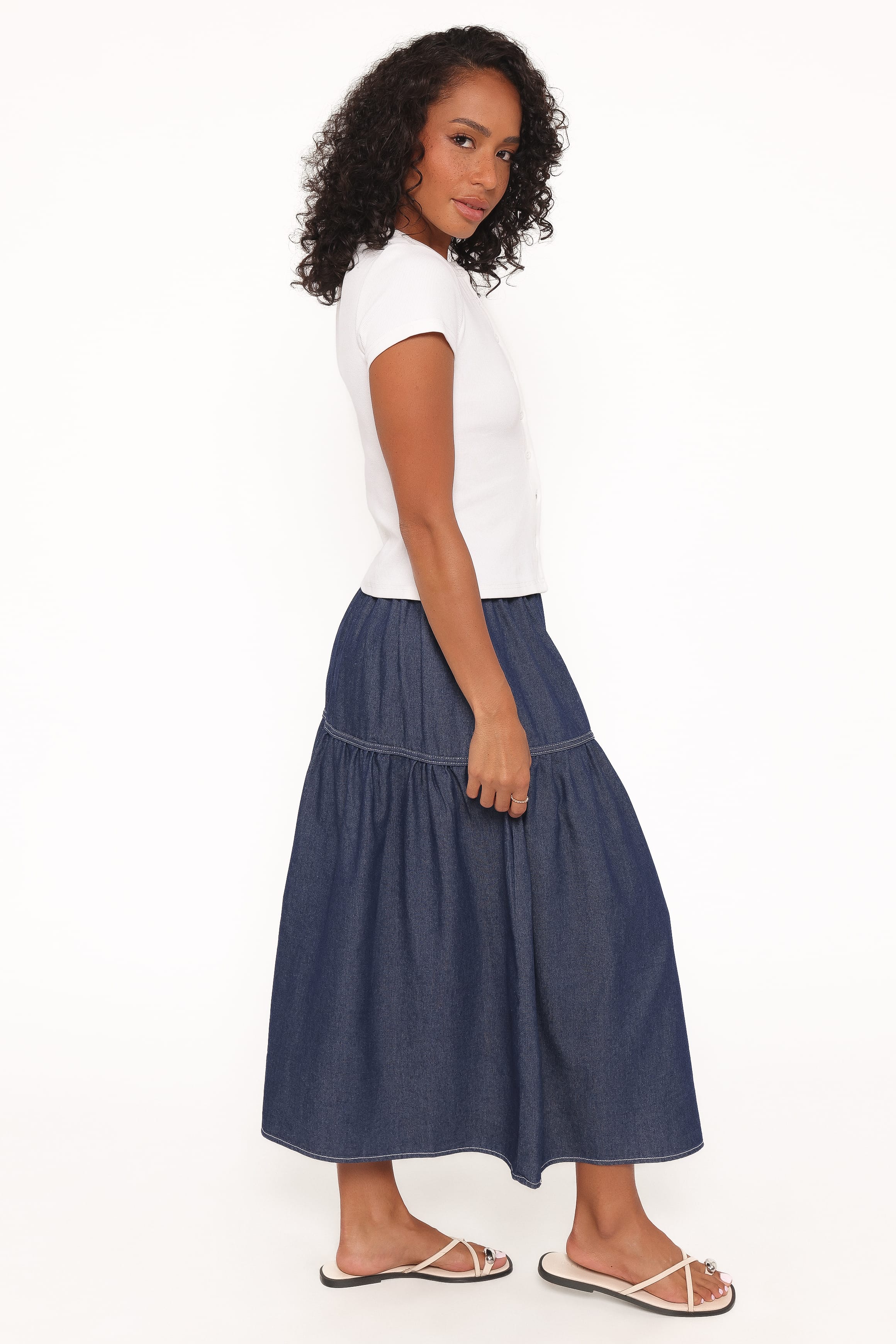 BOTTOMS @Meadow Midi Denim Skirt - Dark Wash