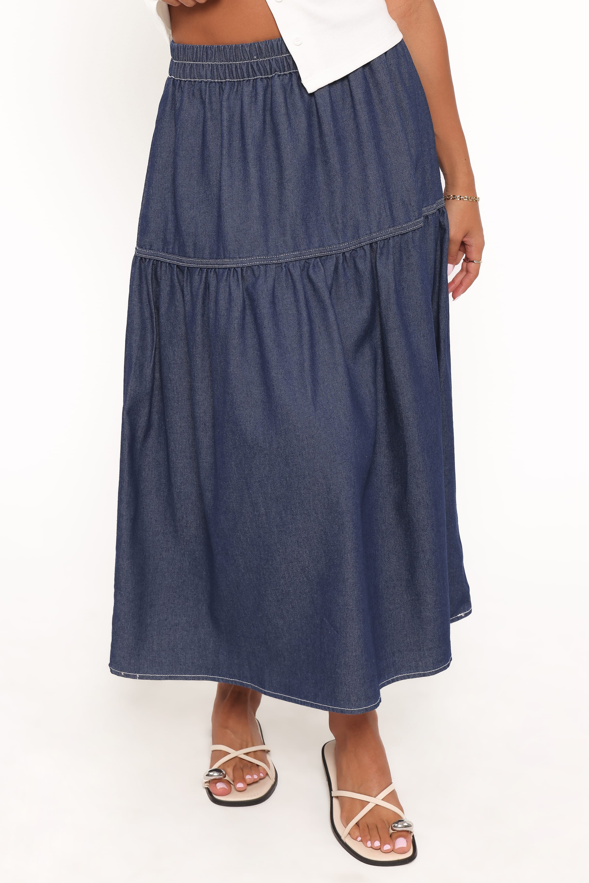 BOTTOMS @Meadow Midi Denim Skirt - Dark Wash