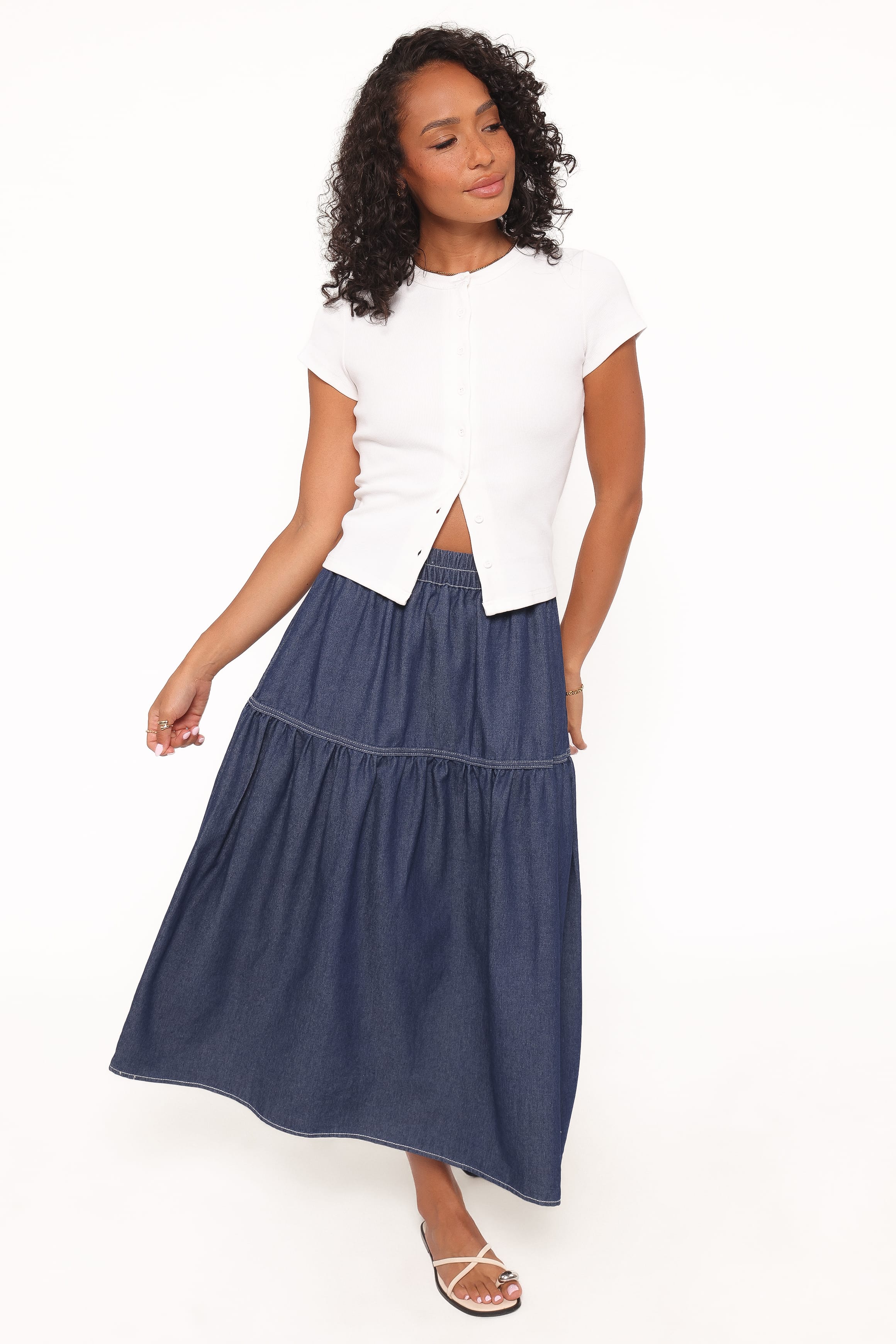 BOTTOMS @Meadow Midi Denim Skirt - Dark Wash
