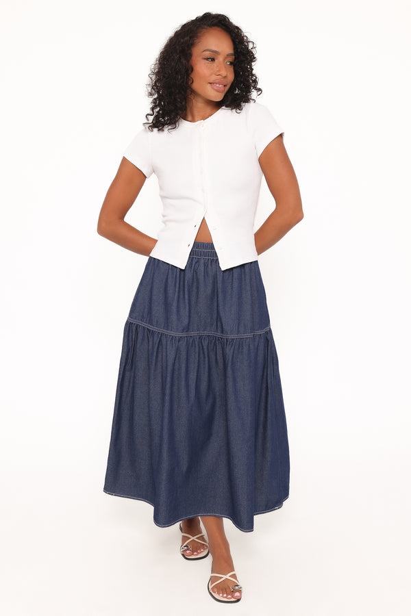 BOTTOMS @Meadow Midi Denim Skirt - Dark Wash