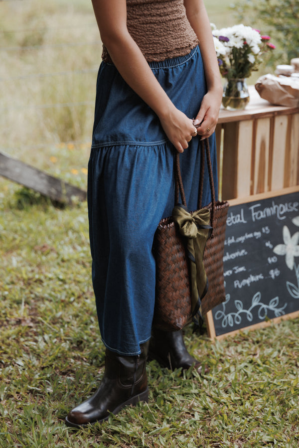 BOTTOMS @Meadow Midi Denim Skirt - Dark Wash