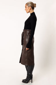 BOTTOMS @Meghan Faux Leather Midi Skirt - Chocolate
