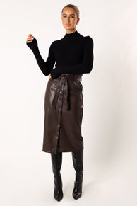 BOTTOMS @Meghan Faux Leather Midi Skirt - Chocolate