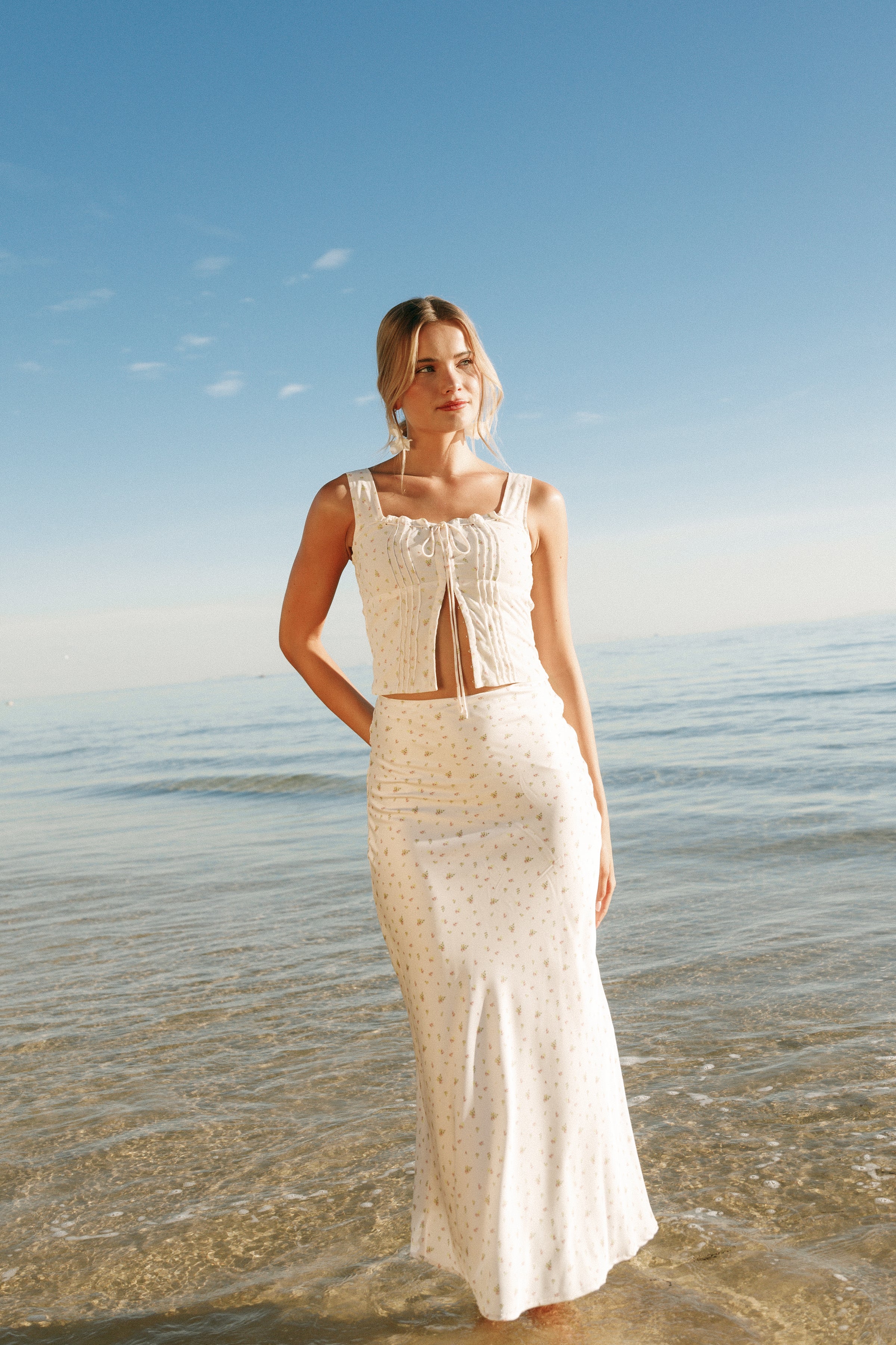 BOTTOMS Mei Satin Midi Skirt - Tiny Blooms