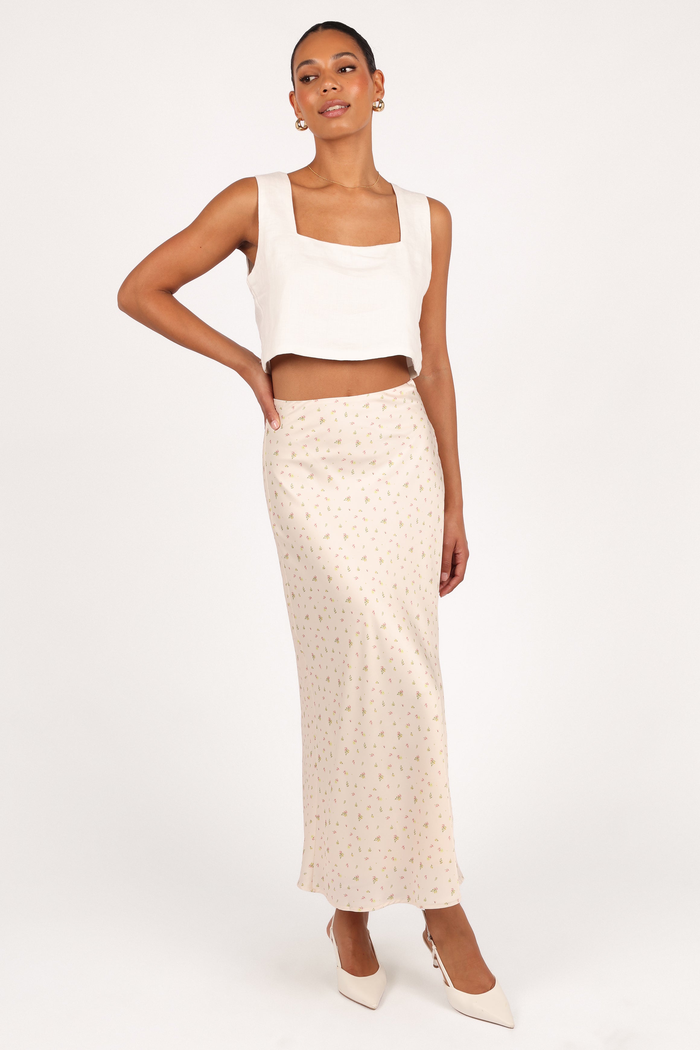 BOTTOMS Mei Satin Midi Skirt - Tiny Blooms