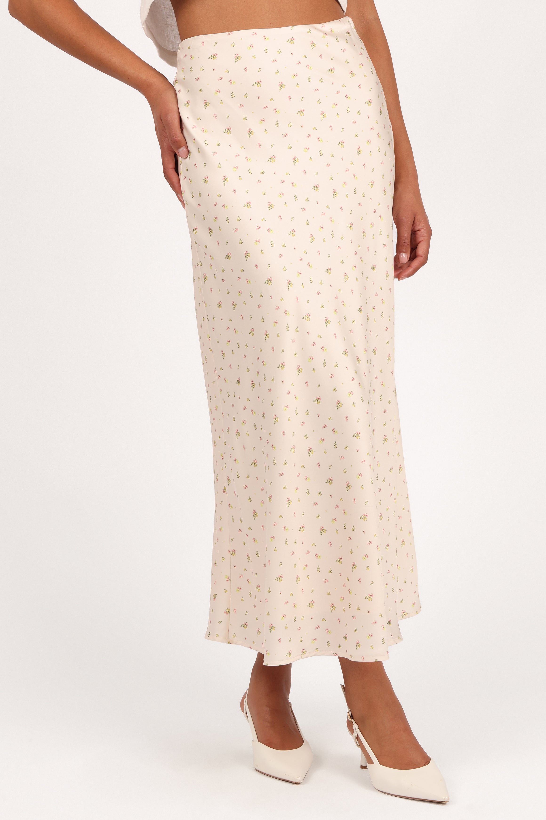 BOTTOMS Mei Satin Midi Skirt - Tiny Blooms