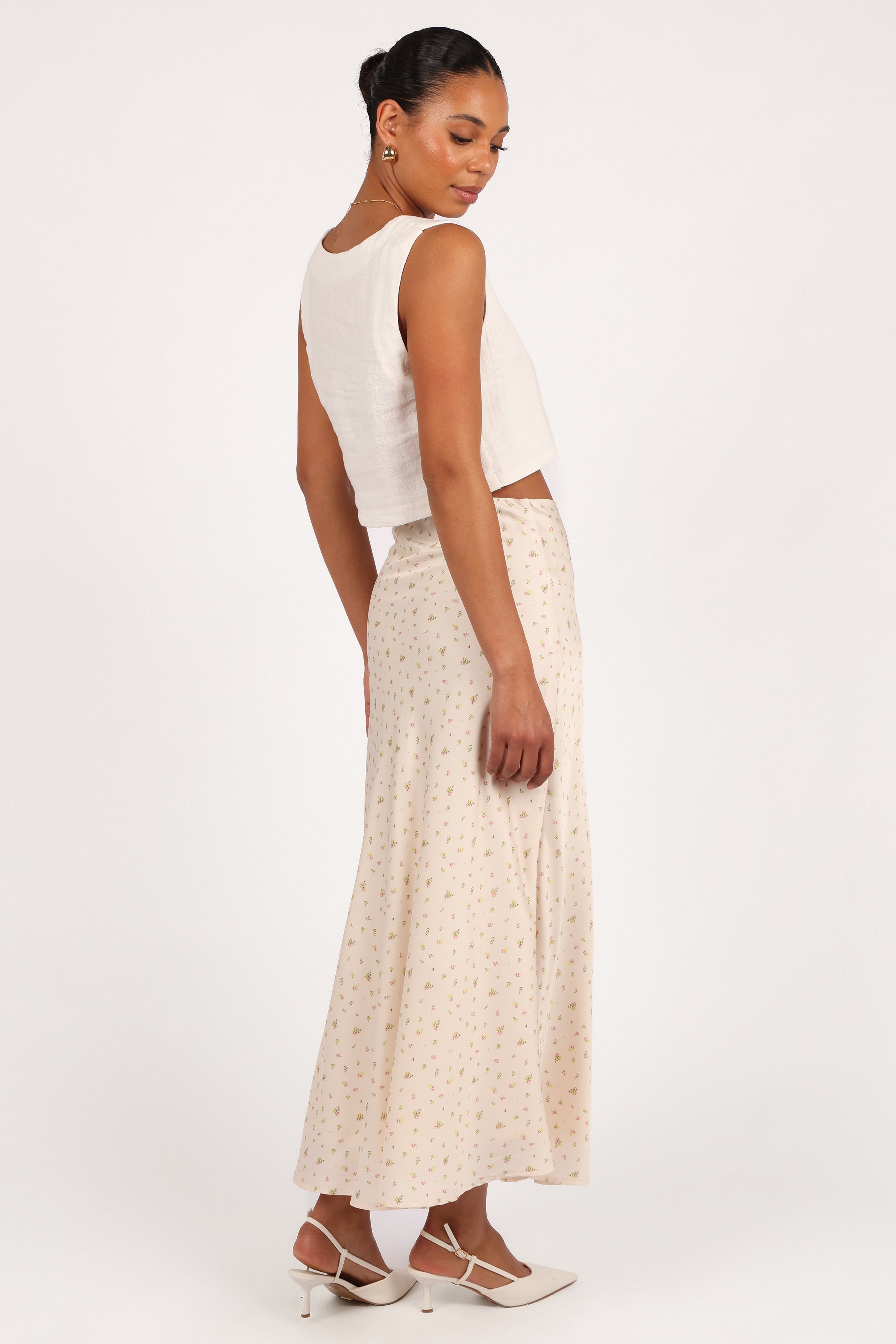 BOTTOMS Mei Satin Midi Skirt - Tiny Blooms