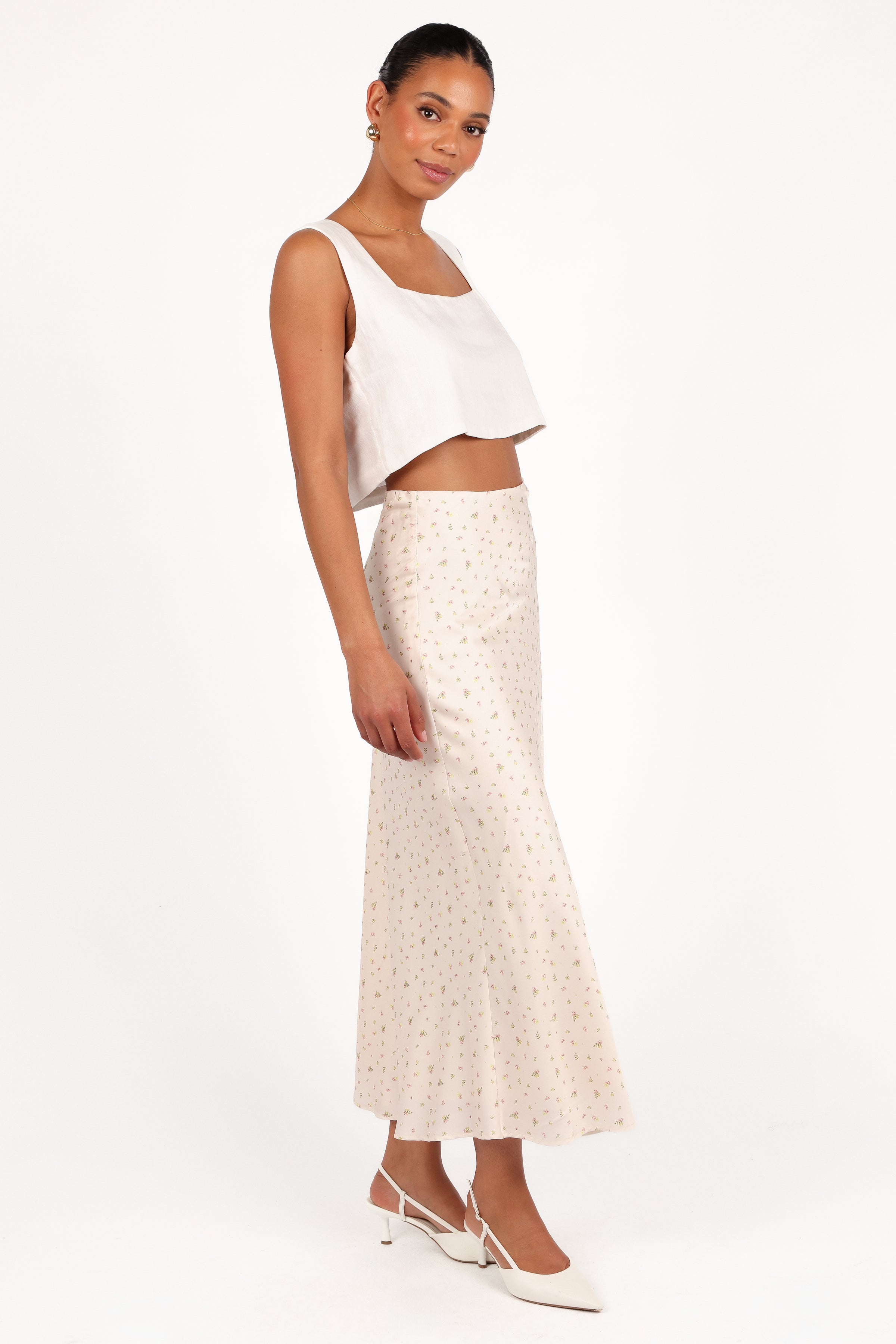 BOTTOMS Mei Satin Midi Skirt - Tiny Blooms