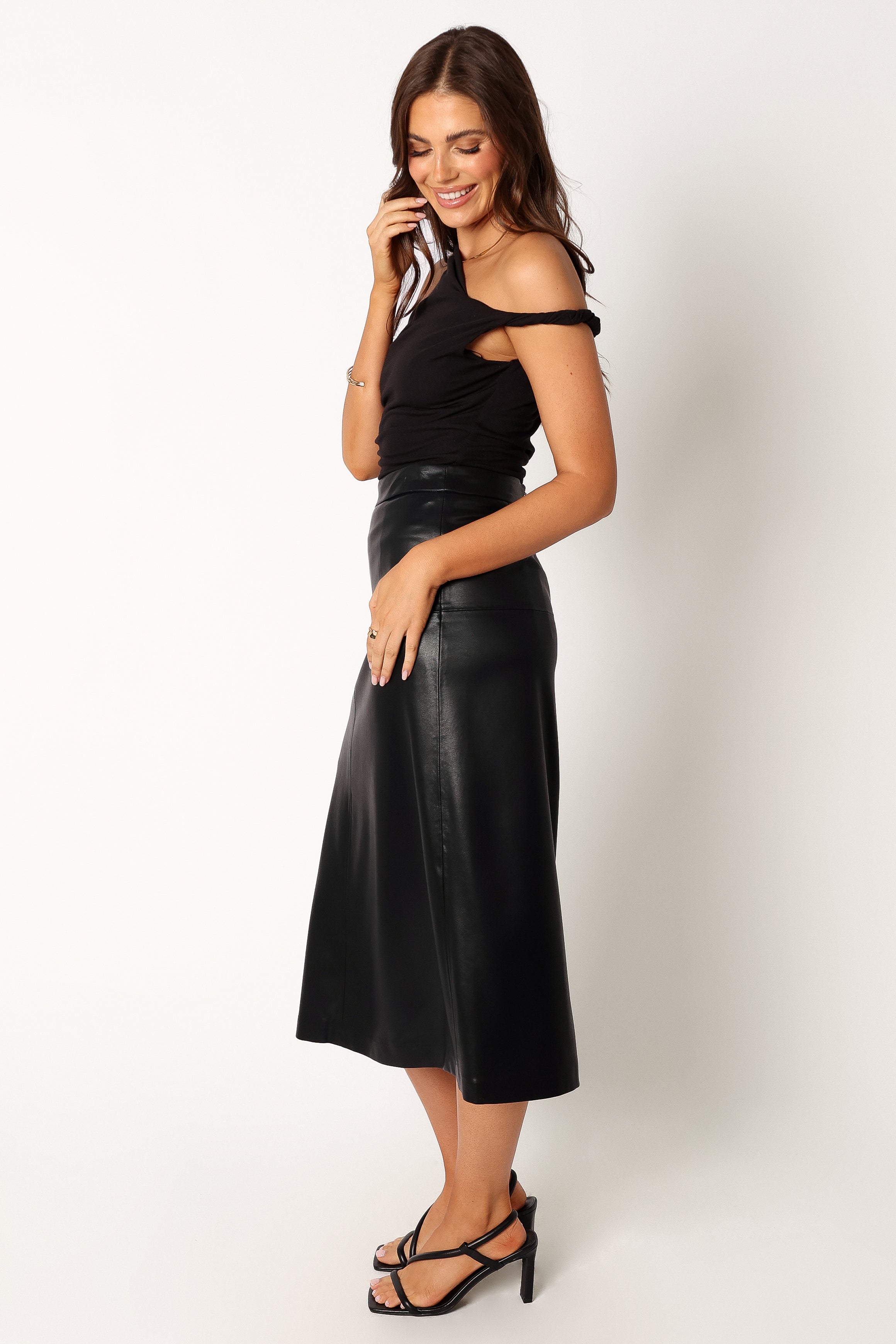 BOTTOMS @Miller Faux Leather Midi Skirt - Black