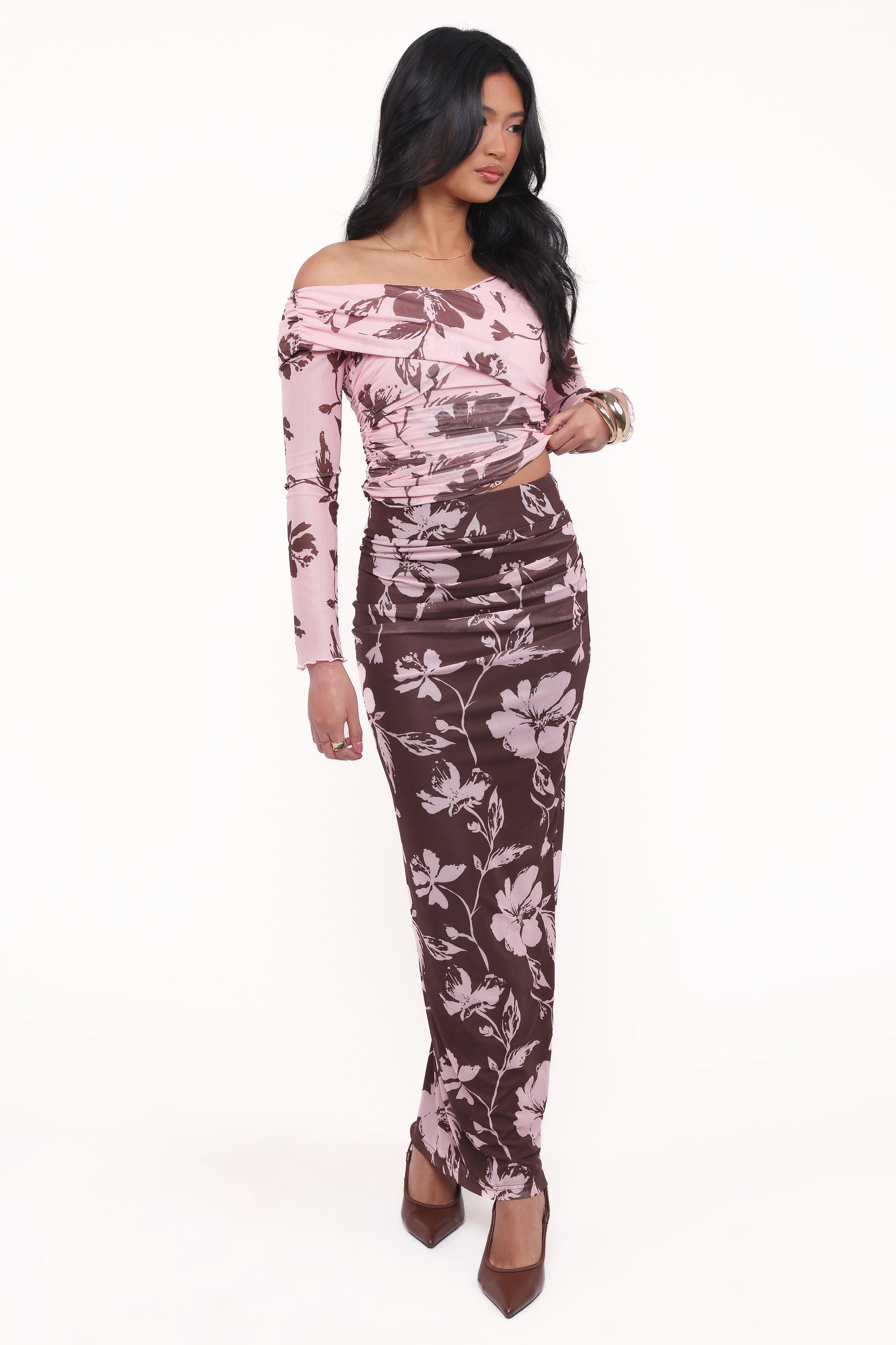 BOTTOMS Navida Mesh Midi Skirt - Pink Brown Floral