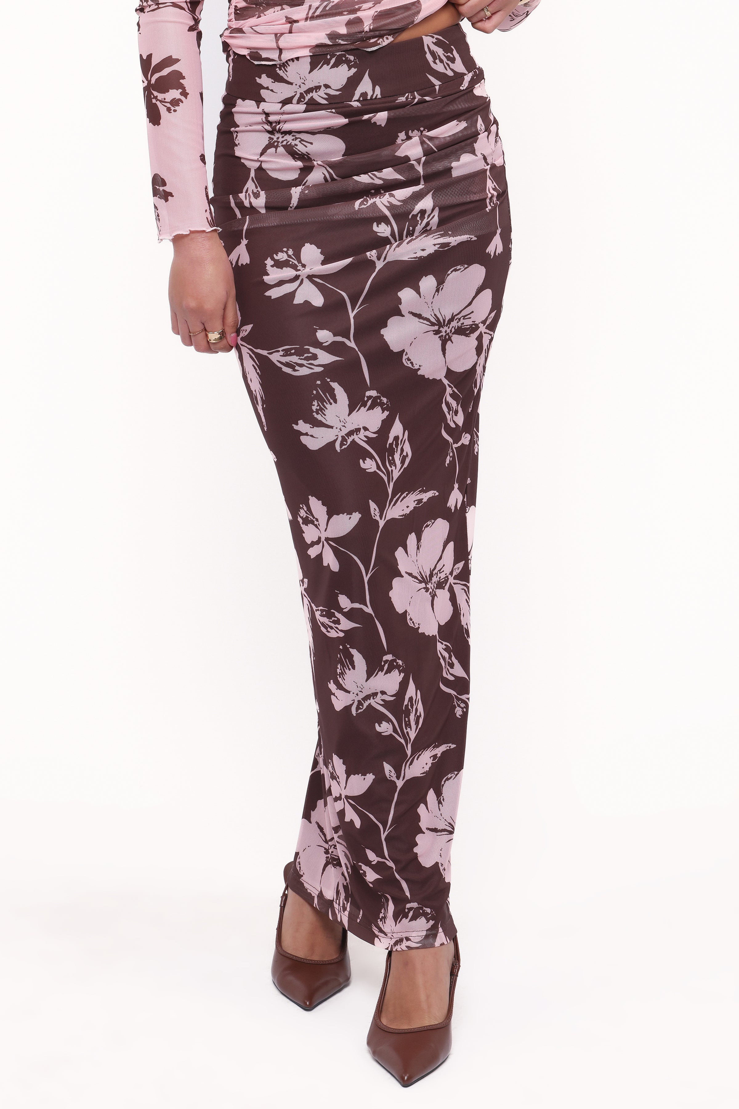 BOTTOMS Navida Mesh Midi Skirt - Pink Brown Floral