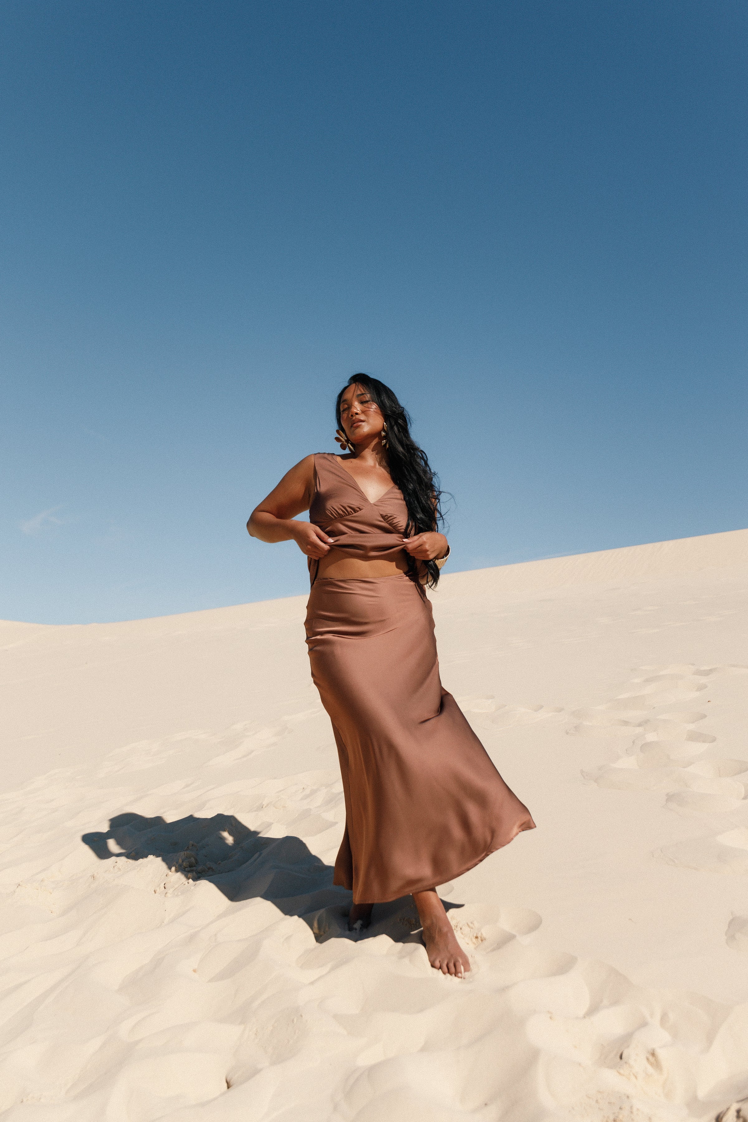 BOTTOMS Nellie Satin Midi Skirt - Banksia Brown