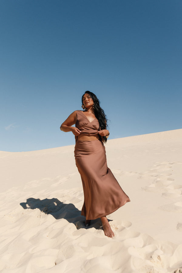 BOTTOMS Nellie Satin Midi Skirt - Banksia Brown