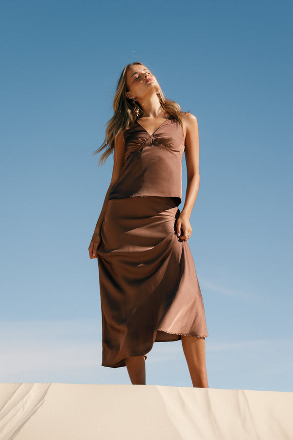 BOTTOMS Nellie Satin Midi Skirt - Banksia Brown