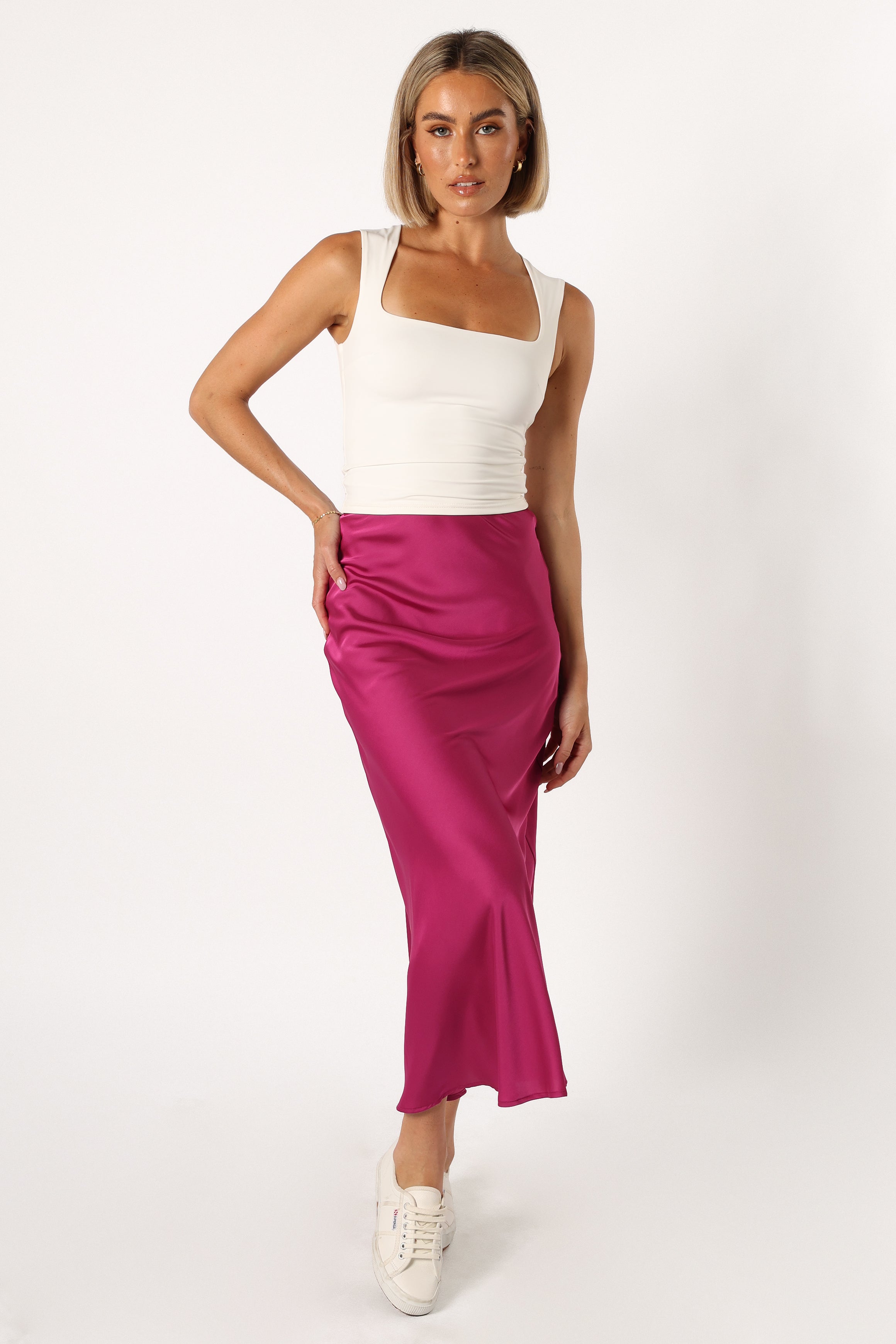BOTTOMS @Nellie Satin Midi Skirt - Magenta