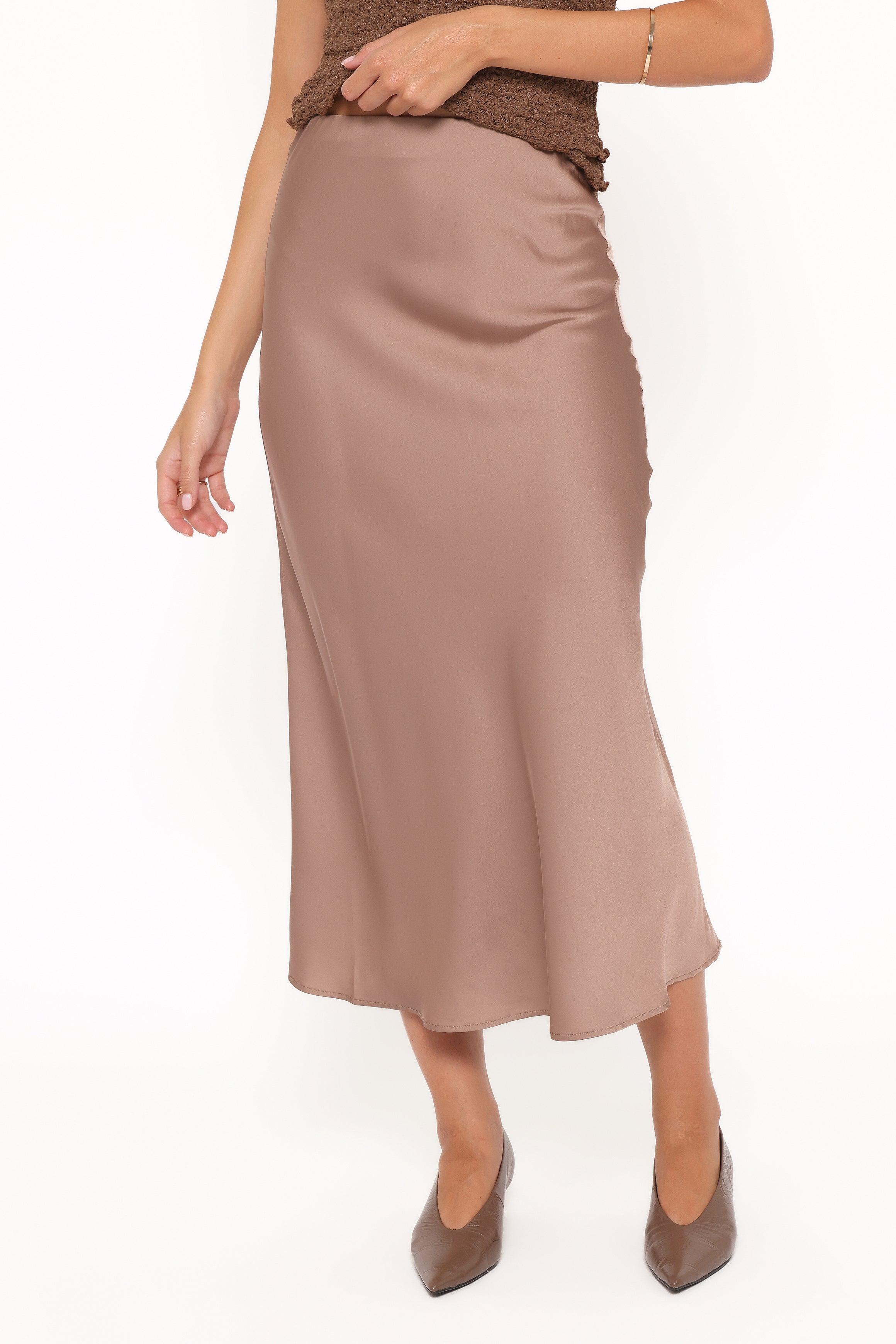 BOTTOMS Nellie Satin Midi Skirt - Mocha Brown