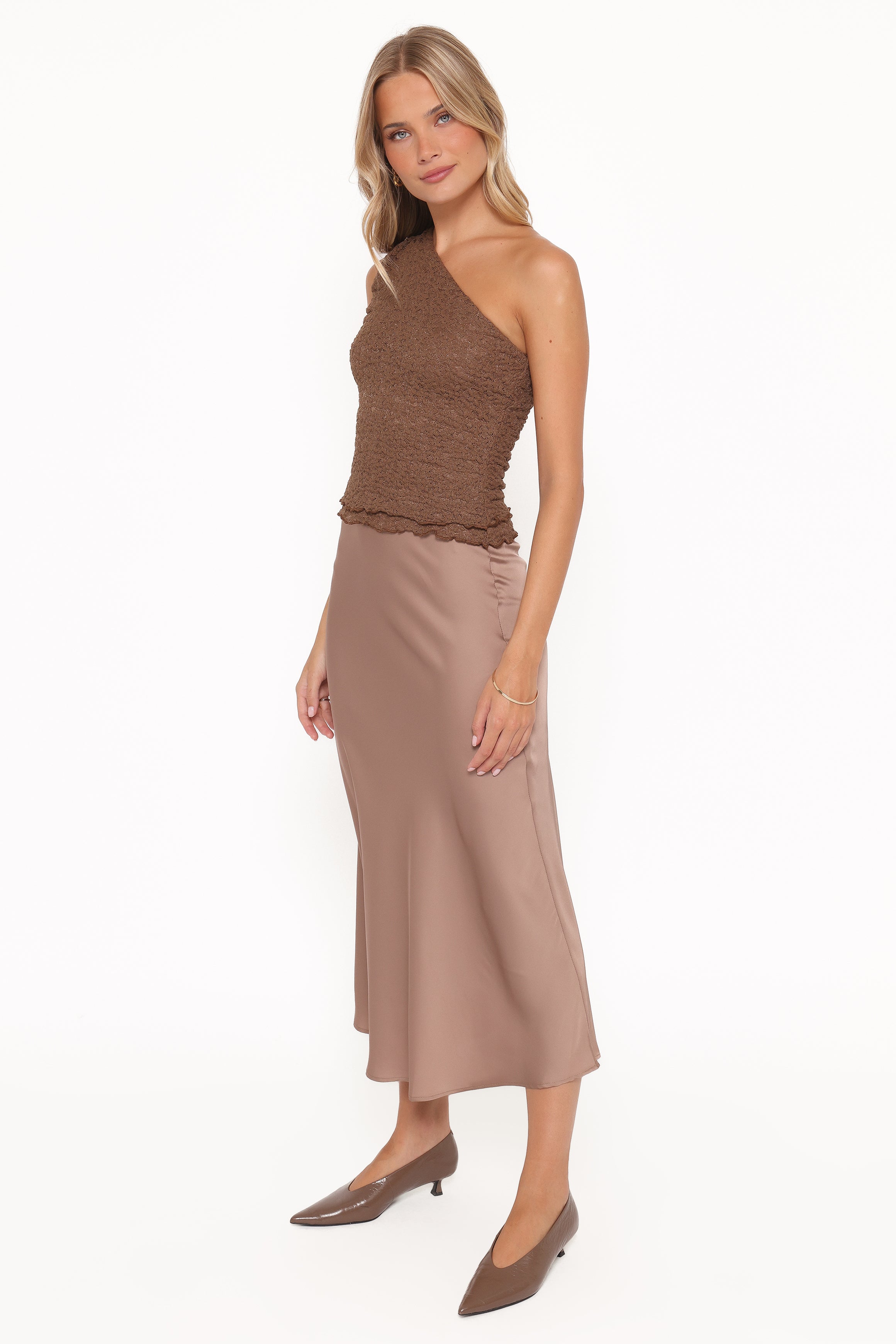 BOTTOMS Nellie Satin Midi Skirt - Mocha Brown