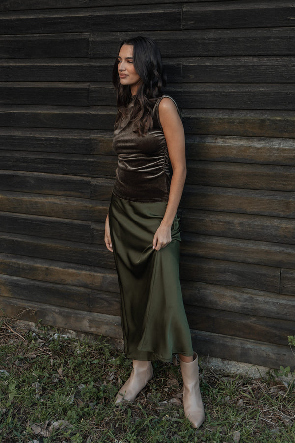 BOTTOMS Nellie Satin Midi Skirt - Olive