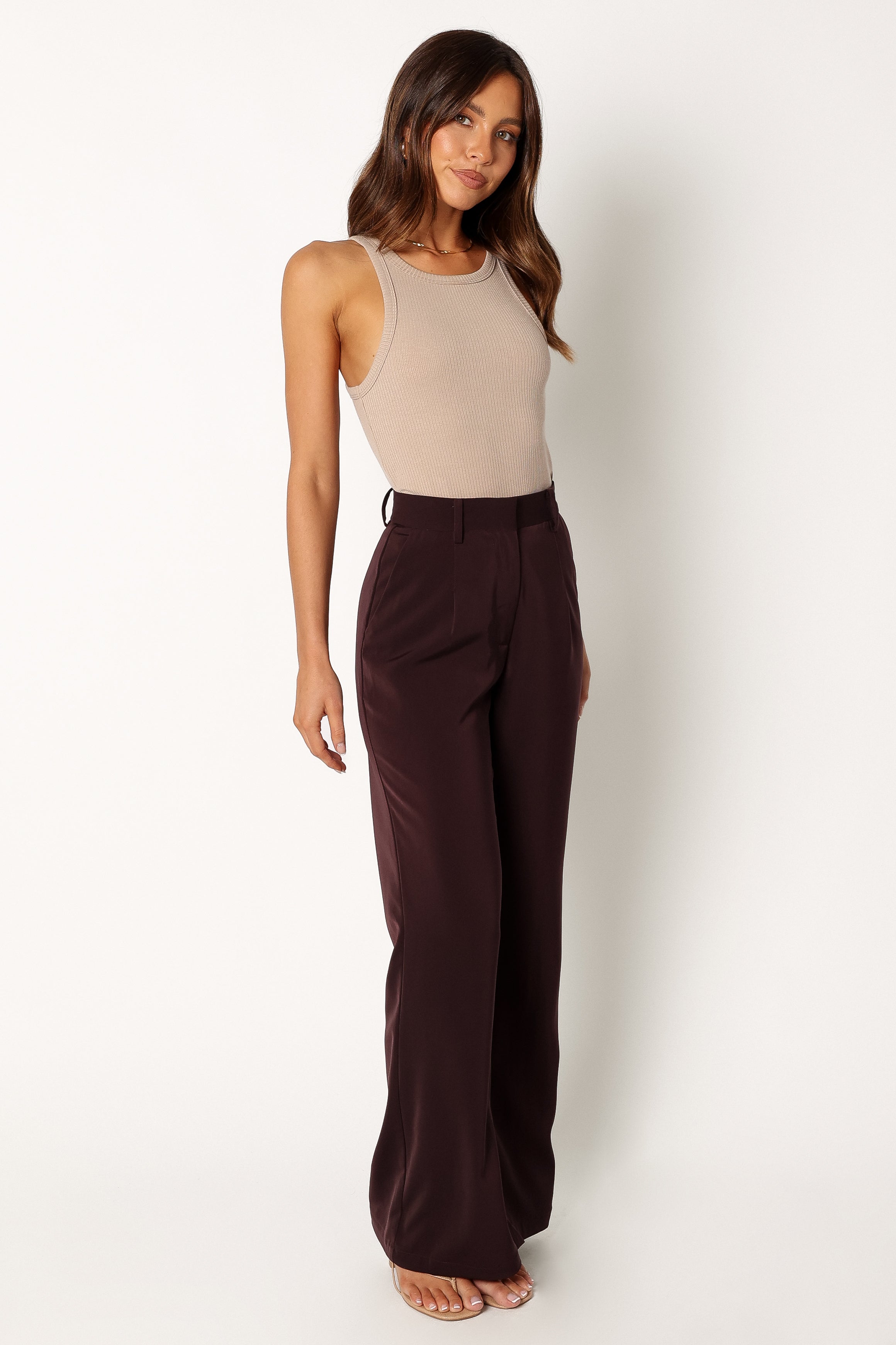 BOTTOMS @Neveah Silky Wide Leg Trousers - Merlot