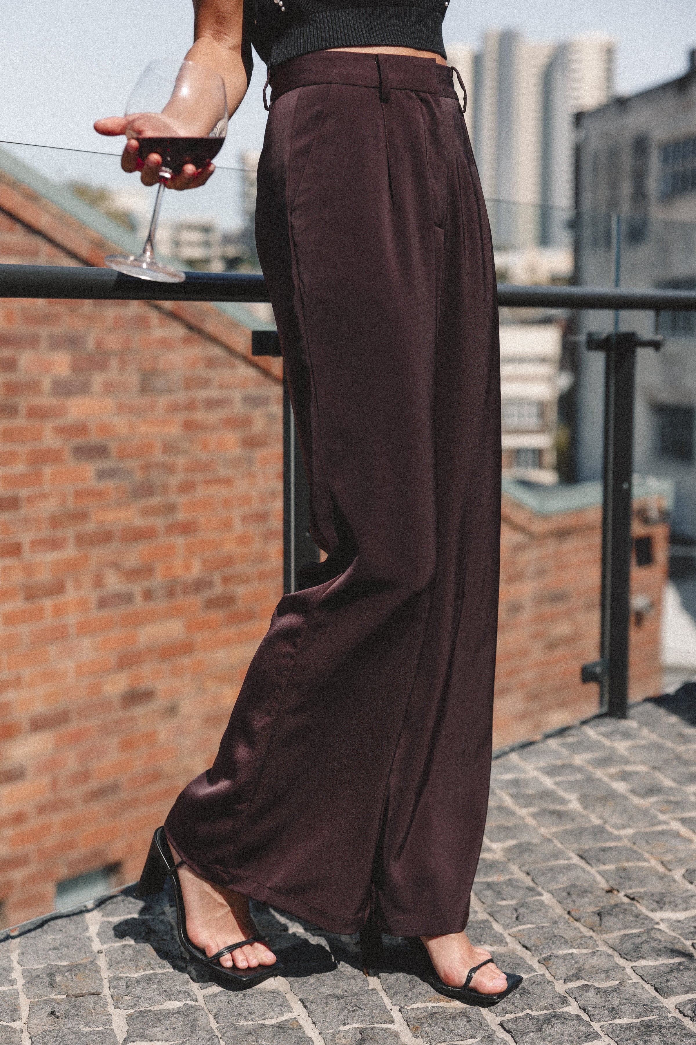 BOTTOMS Neveah Silky Wide Leg Trousers - Merlot